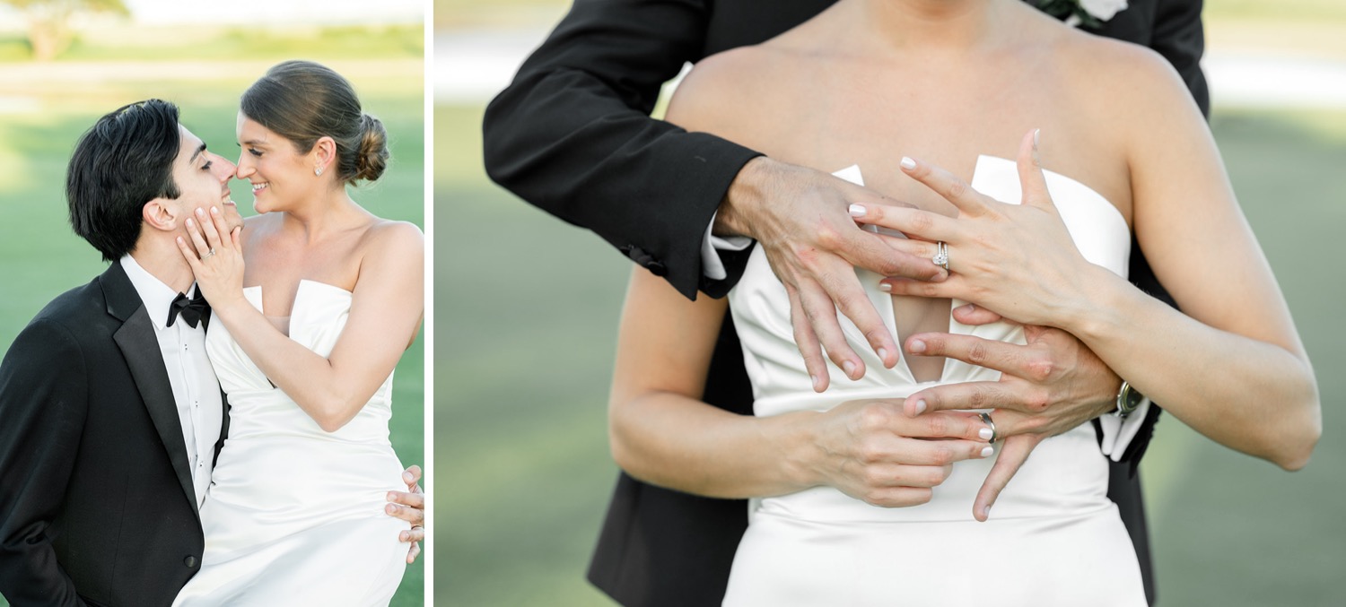 Sunset bride and groom portraits on golf course