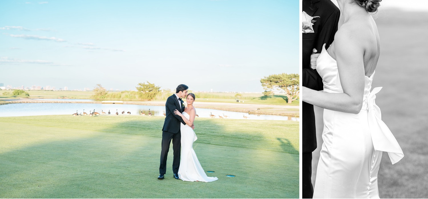 Sunset bride and groom portraits on golf course