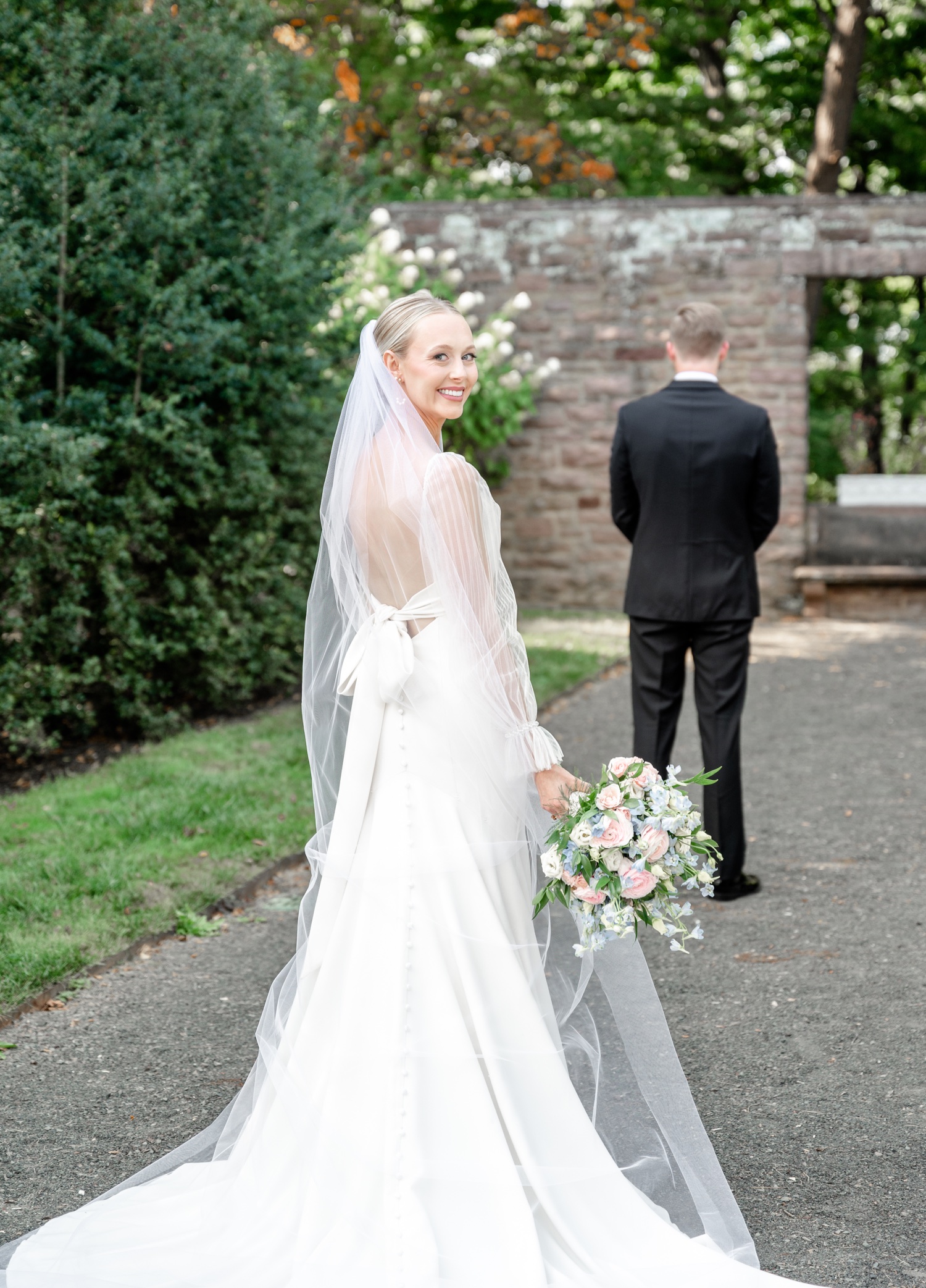 Bride and Groom First Look Portraits at Tyler Gardens in Bucks County