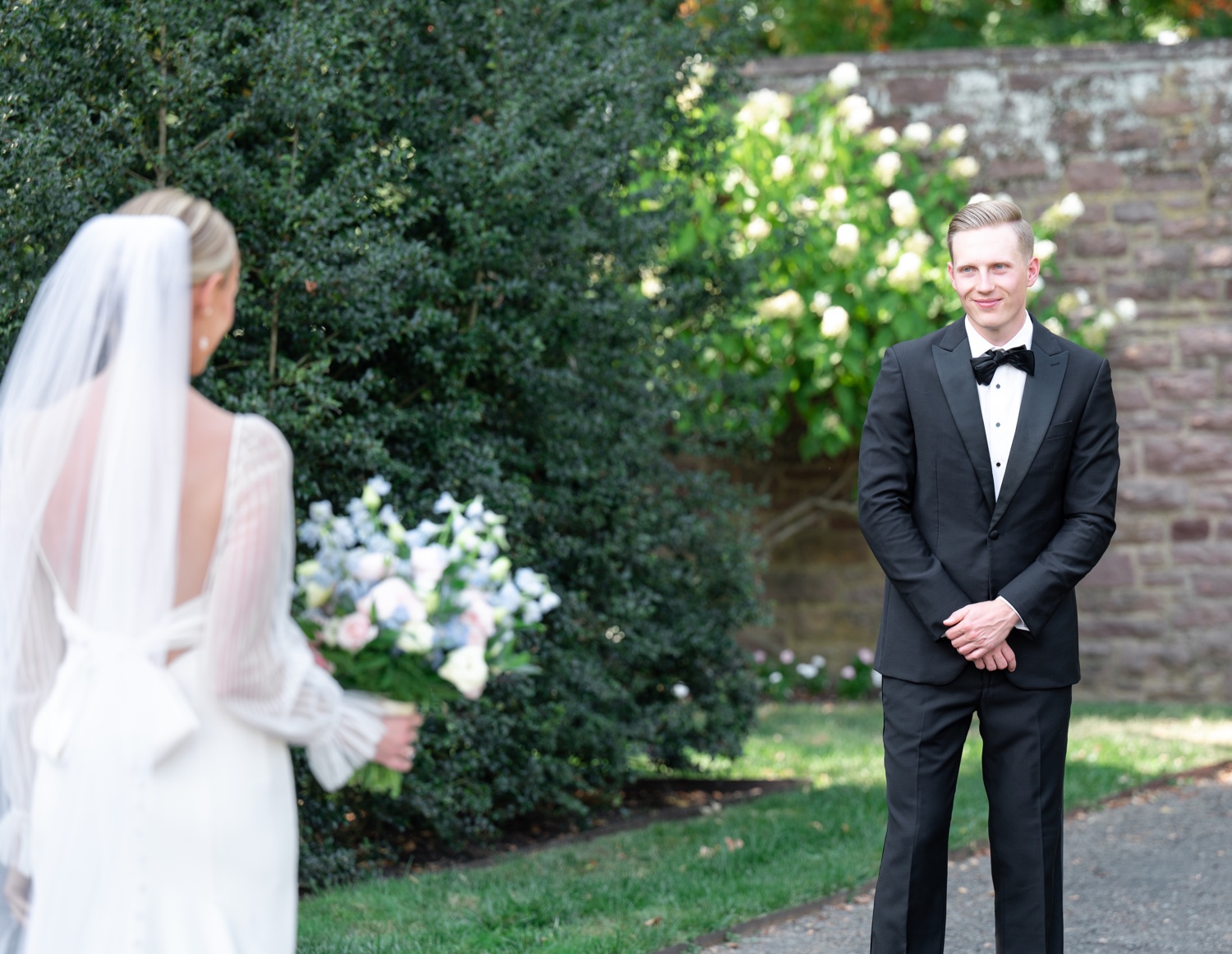 Bride and Groom First Look Portraits at Tyler Gardens in Bucks County