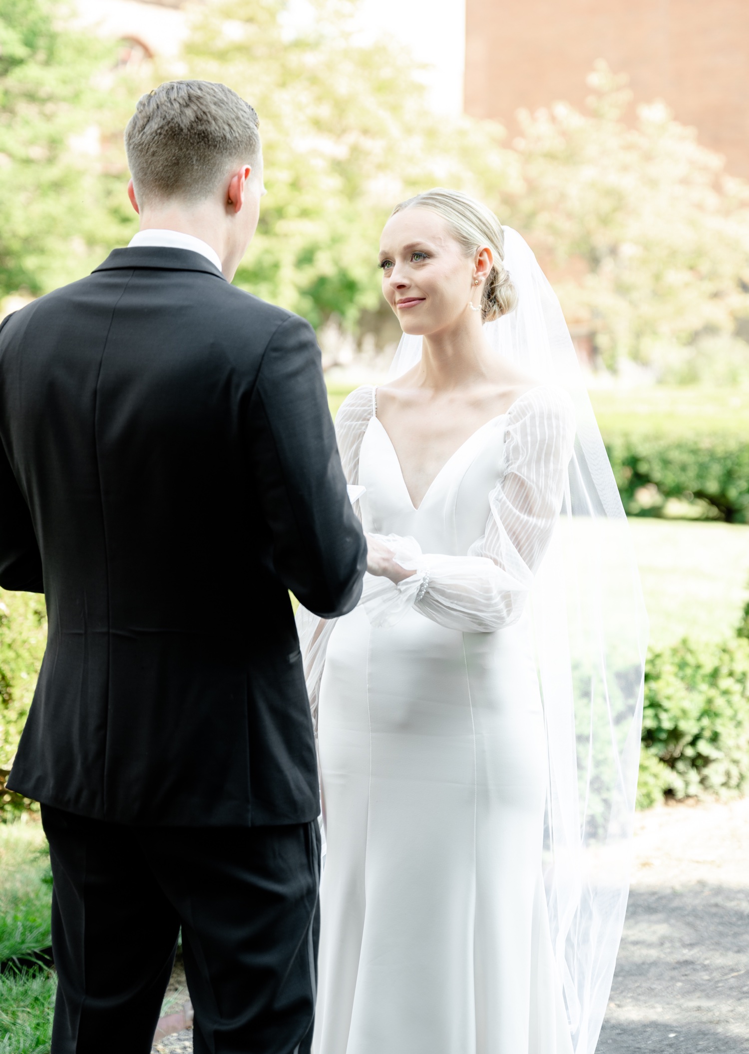 Bride and Groom First Look Portraits at Tyler Gardens in Bucks County