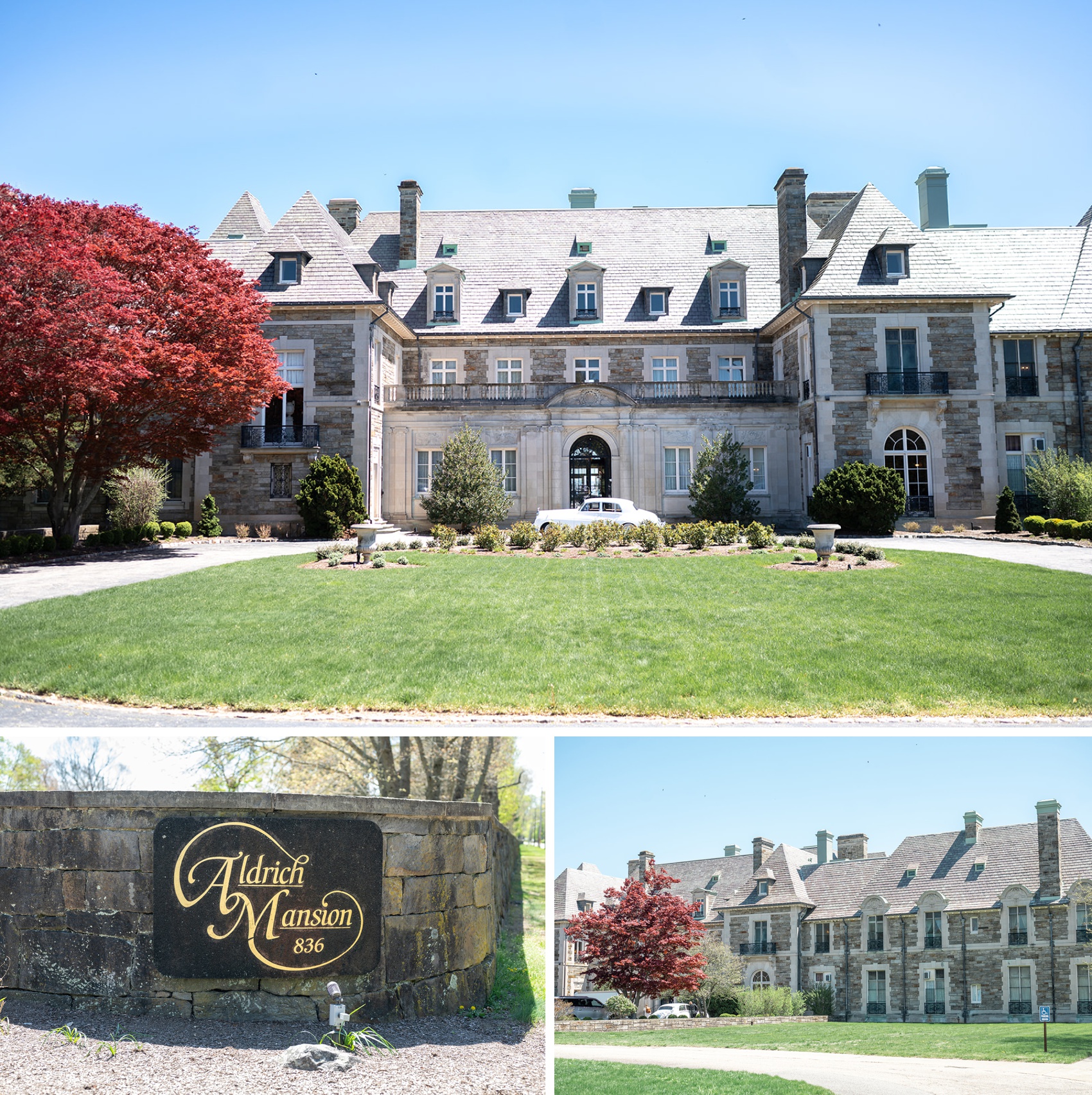 A couple views of the front of the aldrich mansion wedding venue and the main entrance sign with a vintage car parked out front