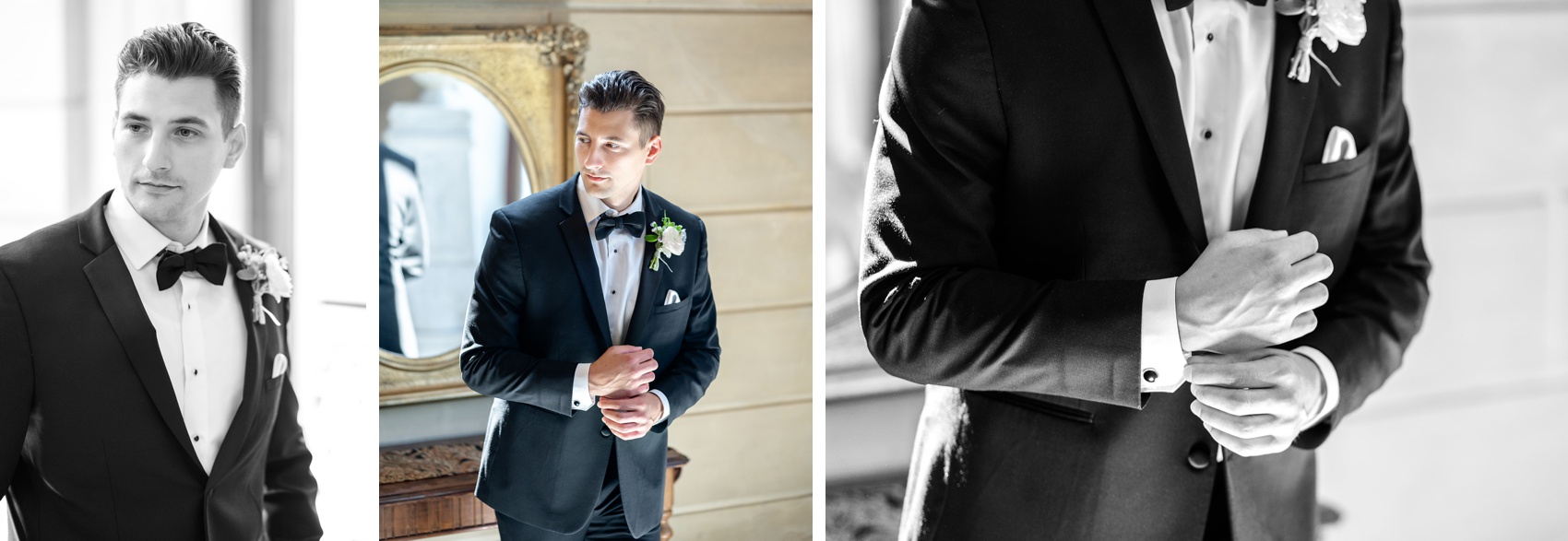 a groom gets ready while buttoning his cufflinks in color and black and white in a hallway