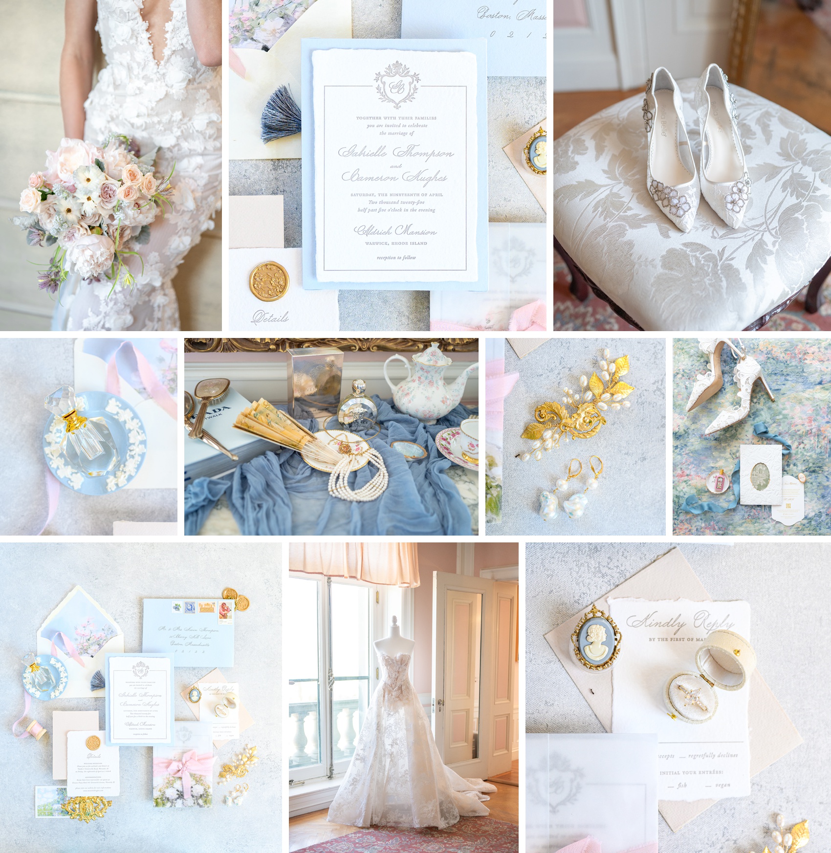 Bridal details on a blue table including the dress on a form, invitations, shoes and jewelry