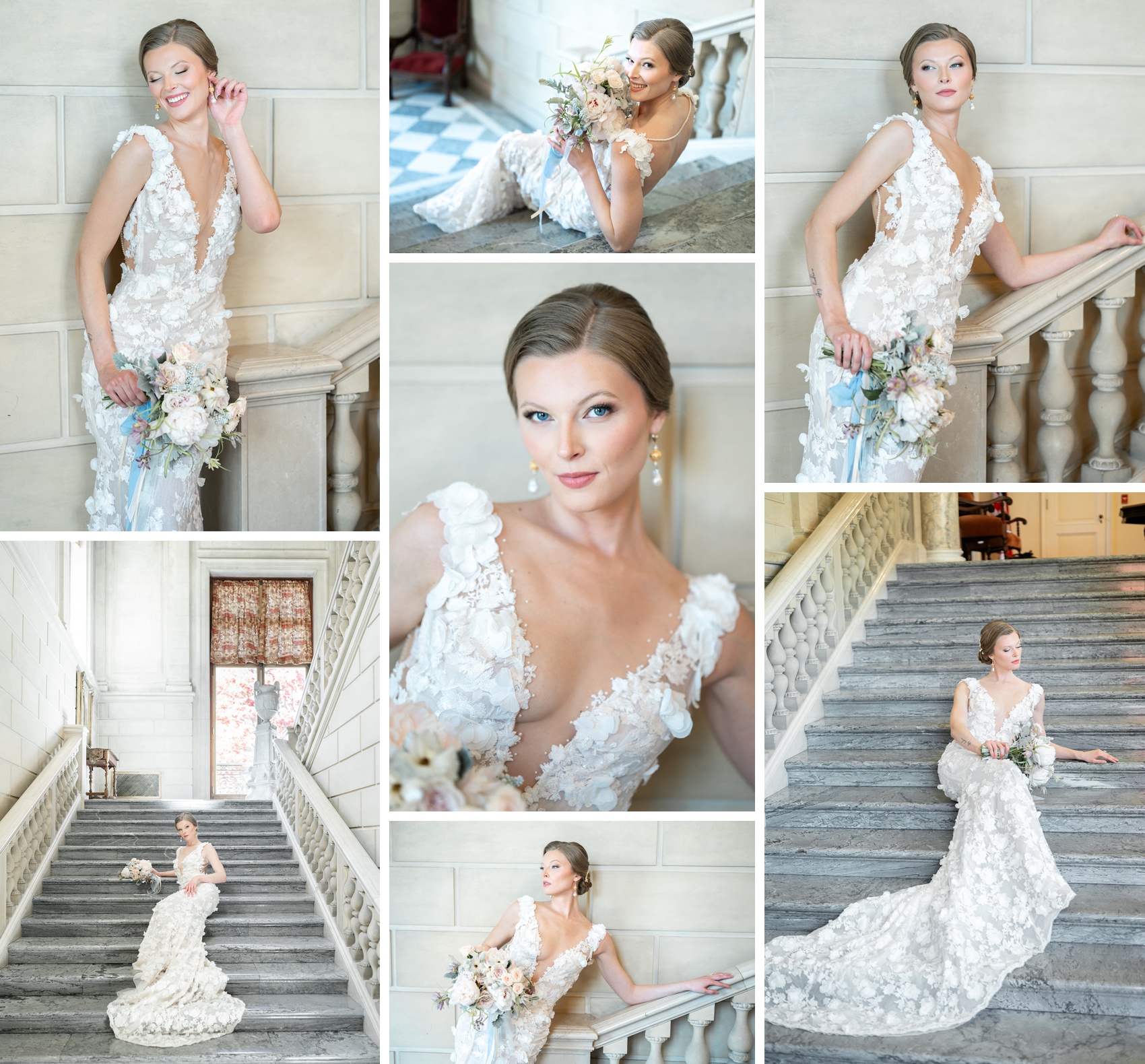 A bride smiles while lounging around the marble grand staircase of the aldrich mansion wedding venue