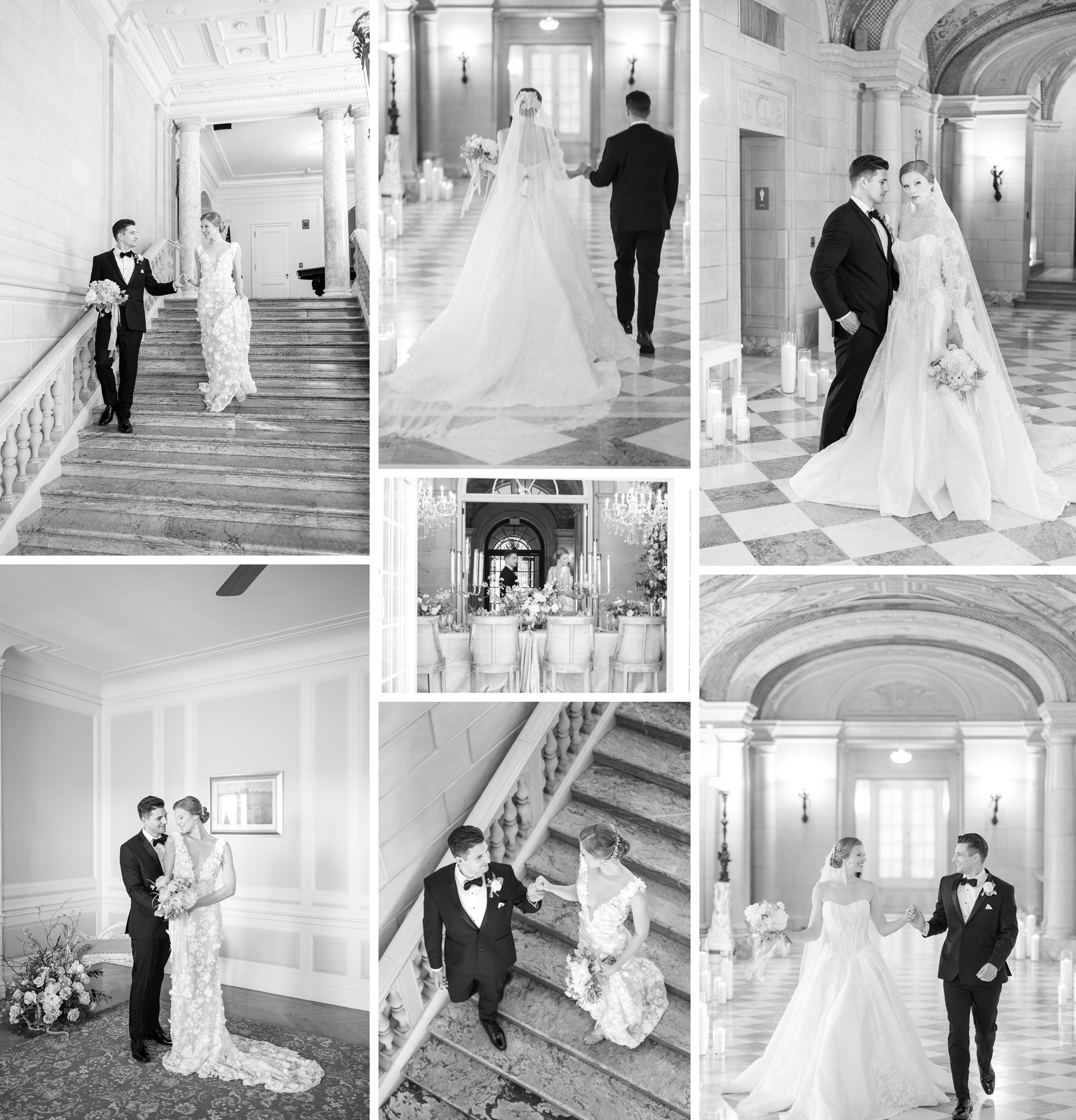 Newlyweds in black and white hold hands while walking the halls and stairwell of their luxurious wedding venue