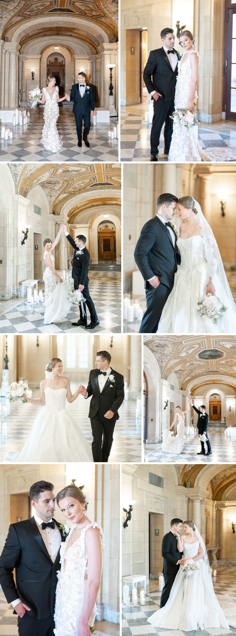 A bride and her groom in a black tux walk the marble hallways, dance and snuggle in the grand hallway of their venue