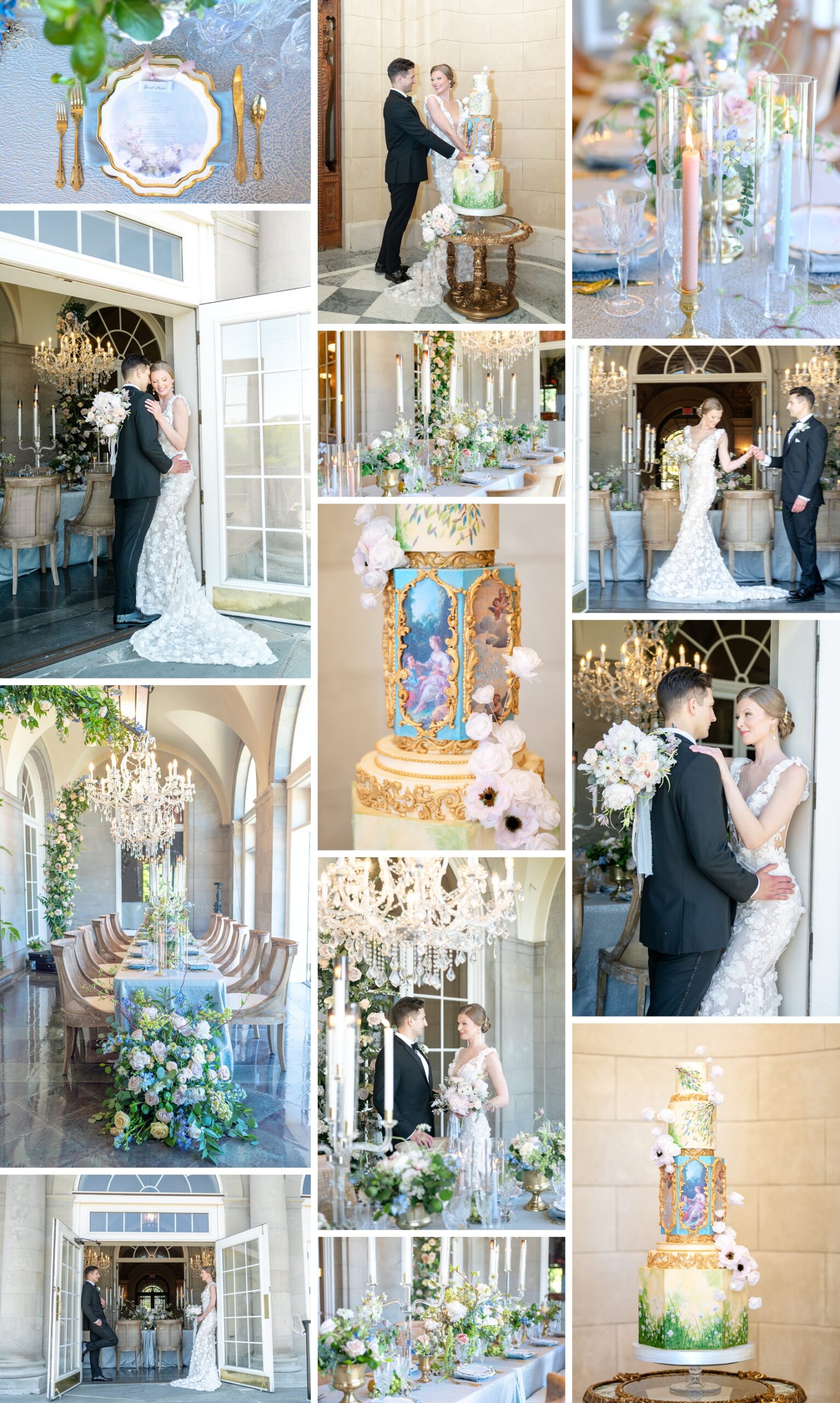 a collage of images of newlyweds embracing around their reception venue with their ornate cake