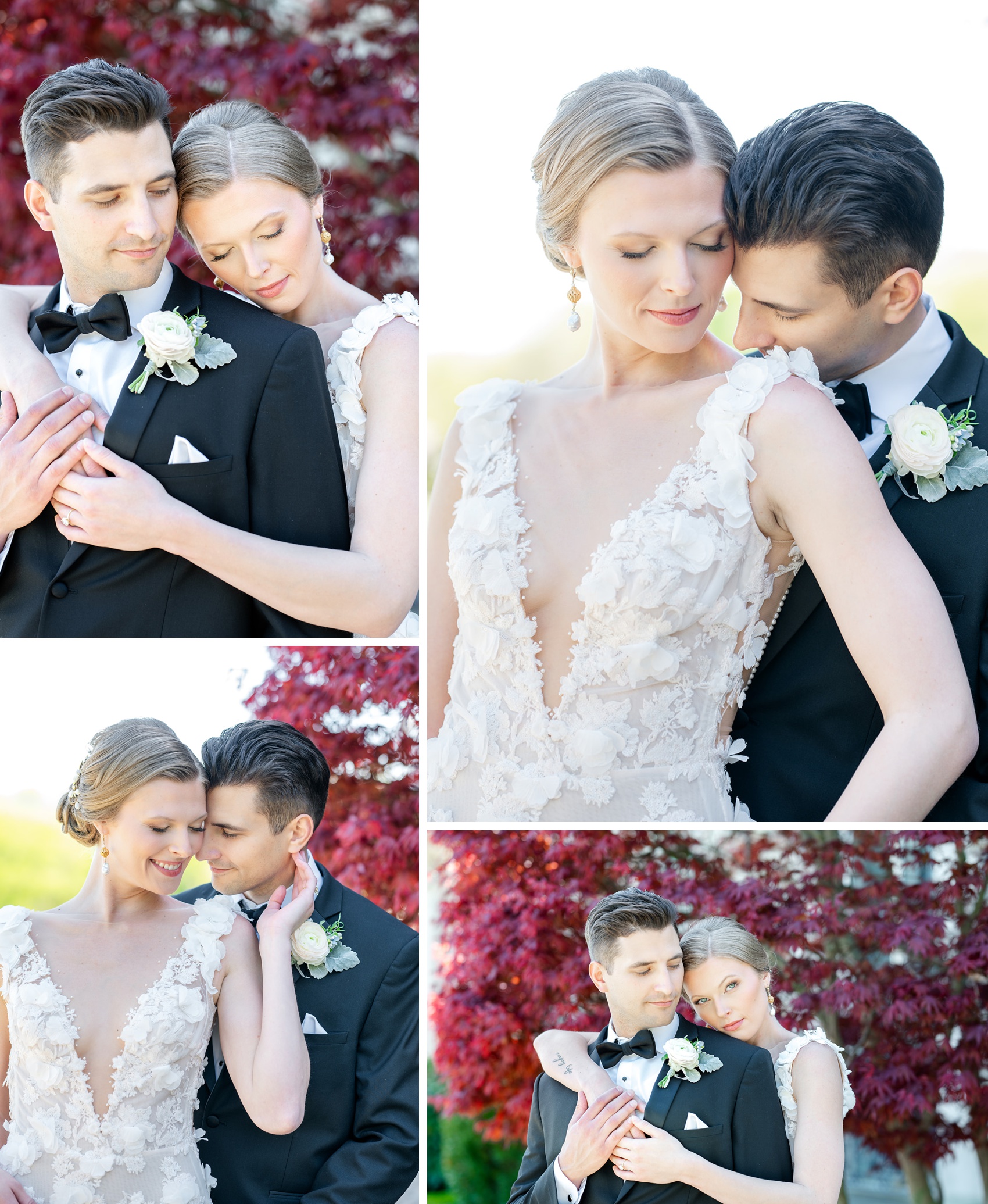 a bride and groom snuggle in front of a japanese maple tree with big smiles at the aldrich mansion wedding venue