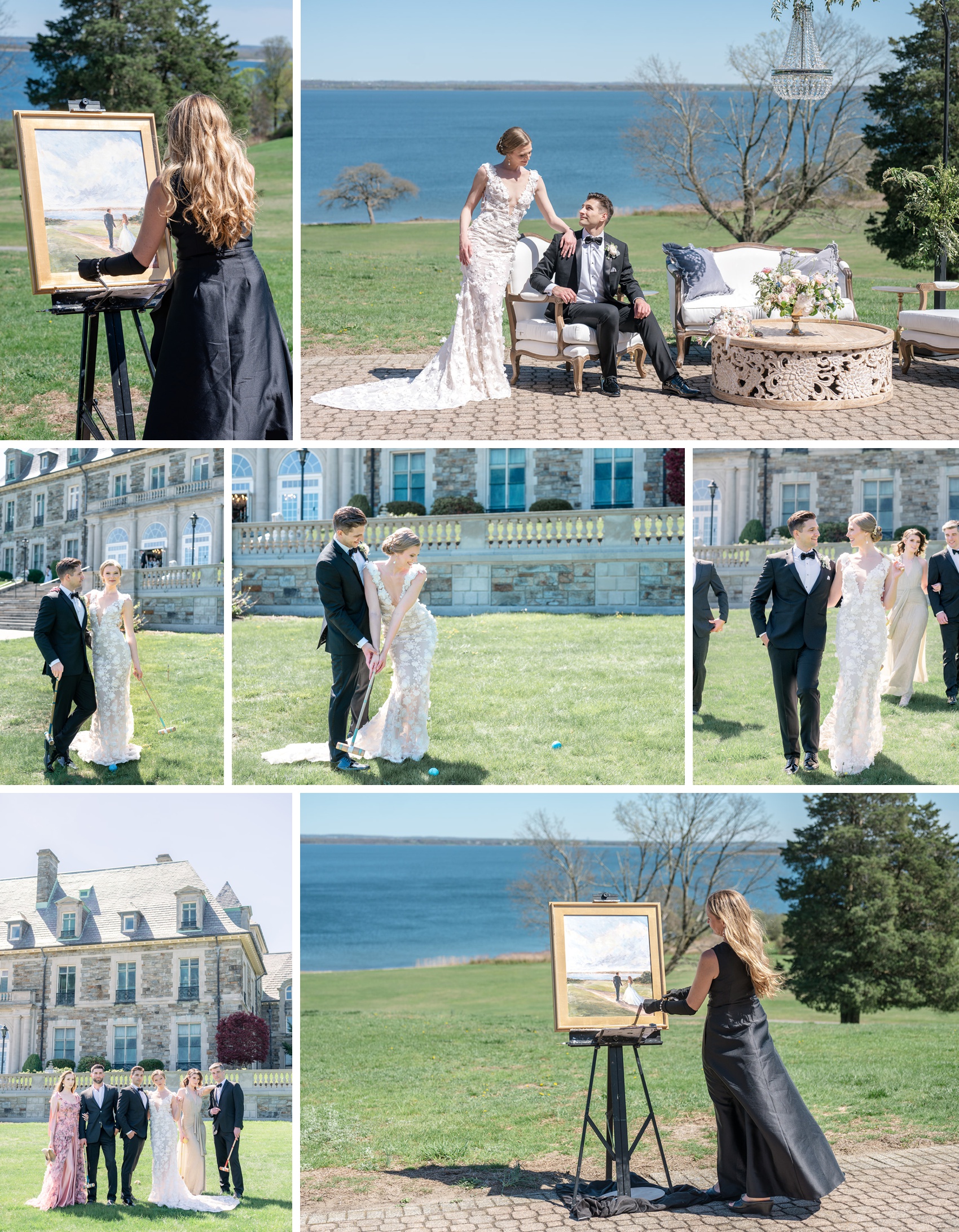 A bride and groom play in a lawn and lounge on a patio next to images of a woman in black painting the couple and the aldrich mansion wedding venue