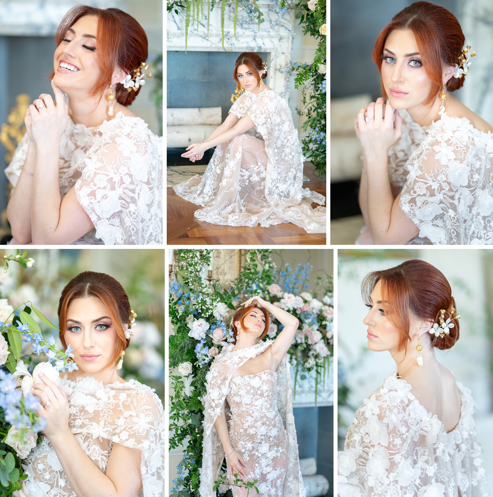 A bride in a lace flower gown laughs and smiles with a fireplace covered in white and blue flowers
