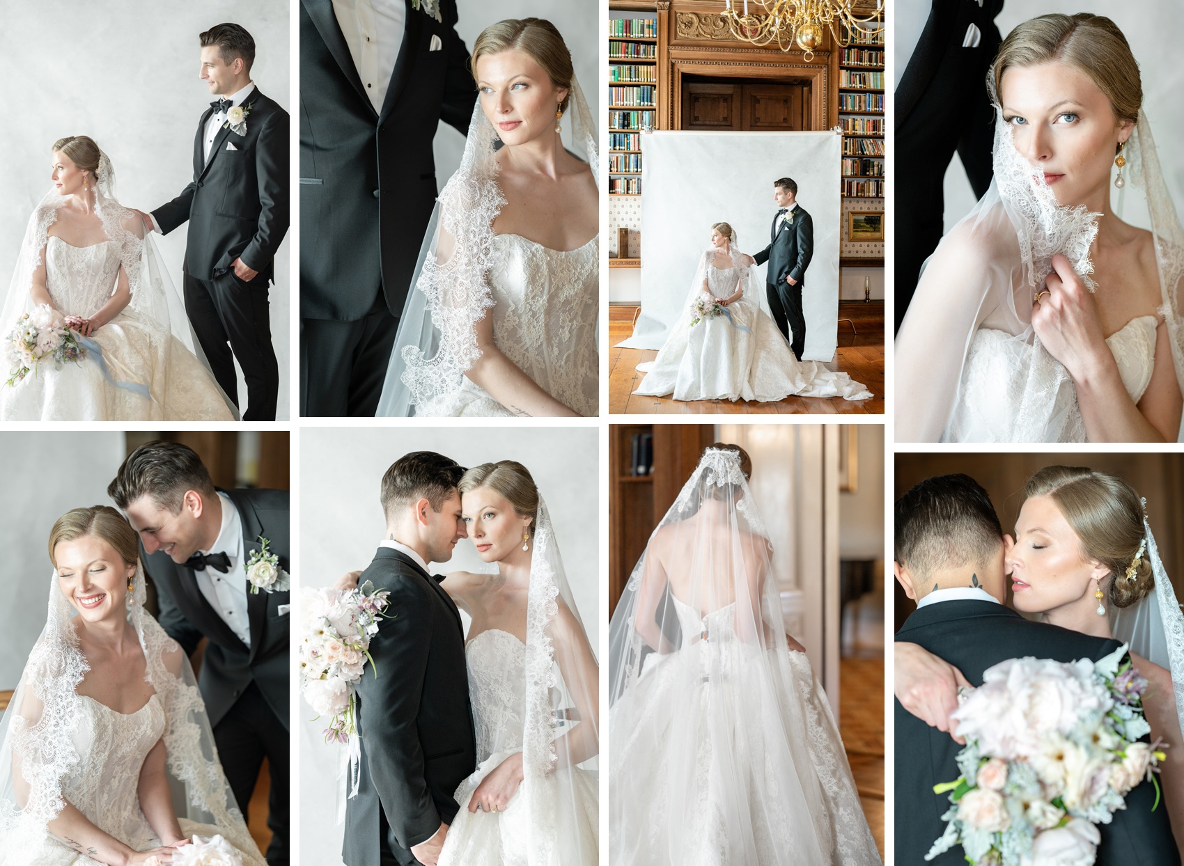 A collage of aimages of a bride and her groom sitting and smiling during their aldrich mansion wedding in a white room and library
