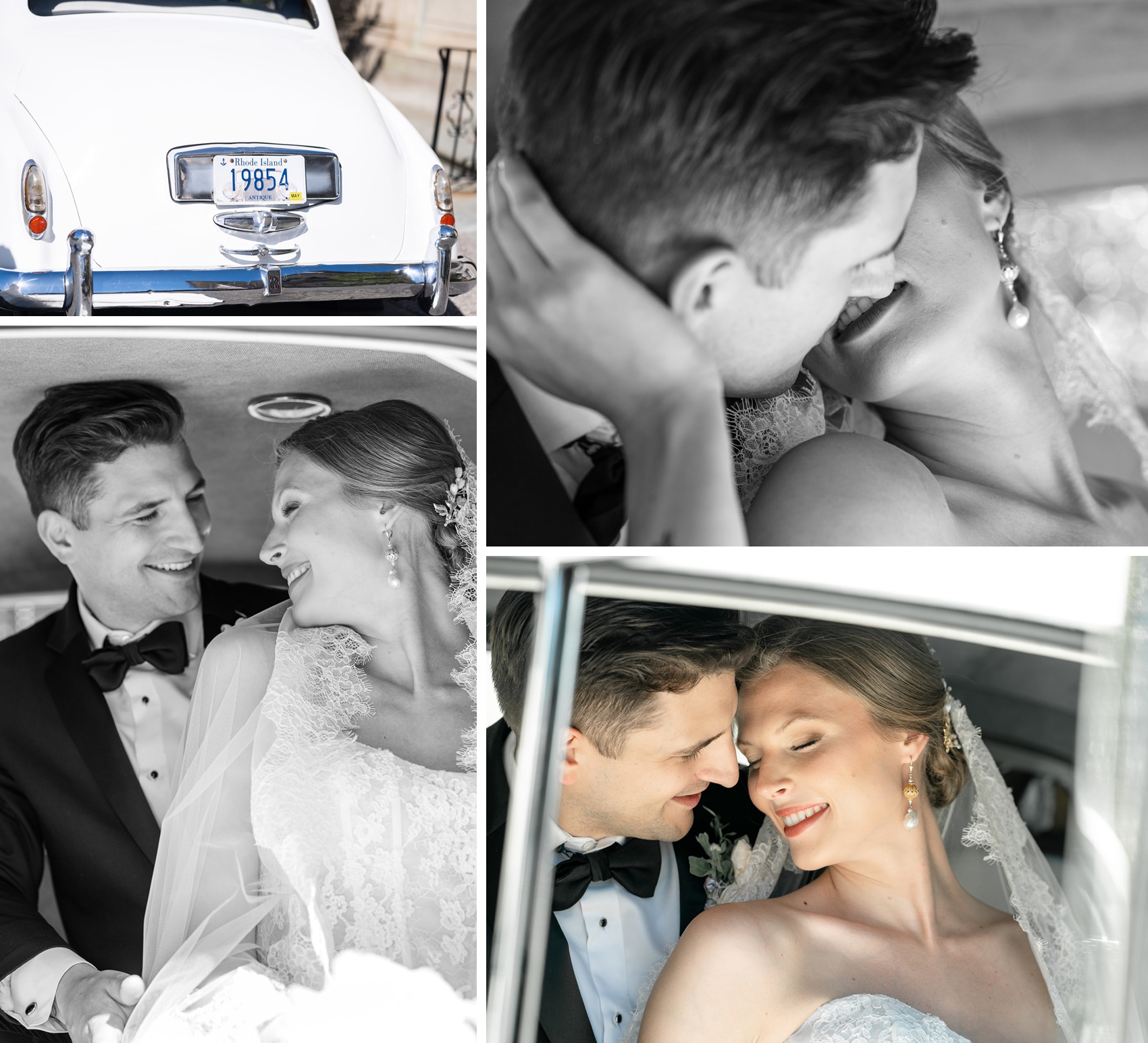 a few images of newlyweds snuggling and leaning in for a happy kiss in the back of a white vintage car