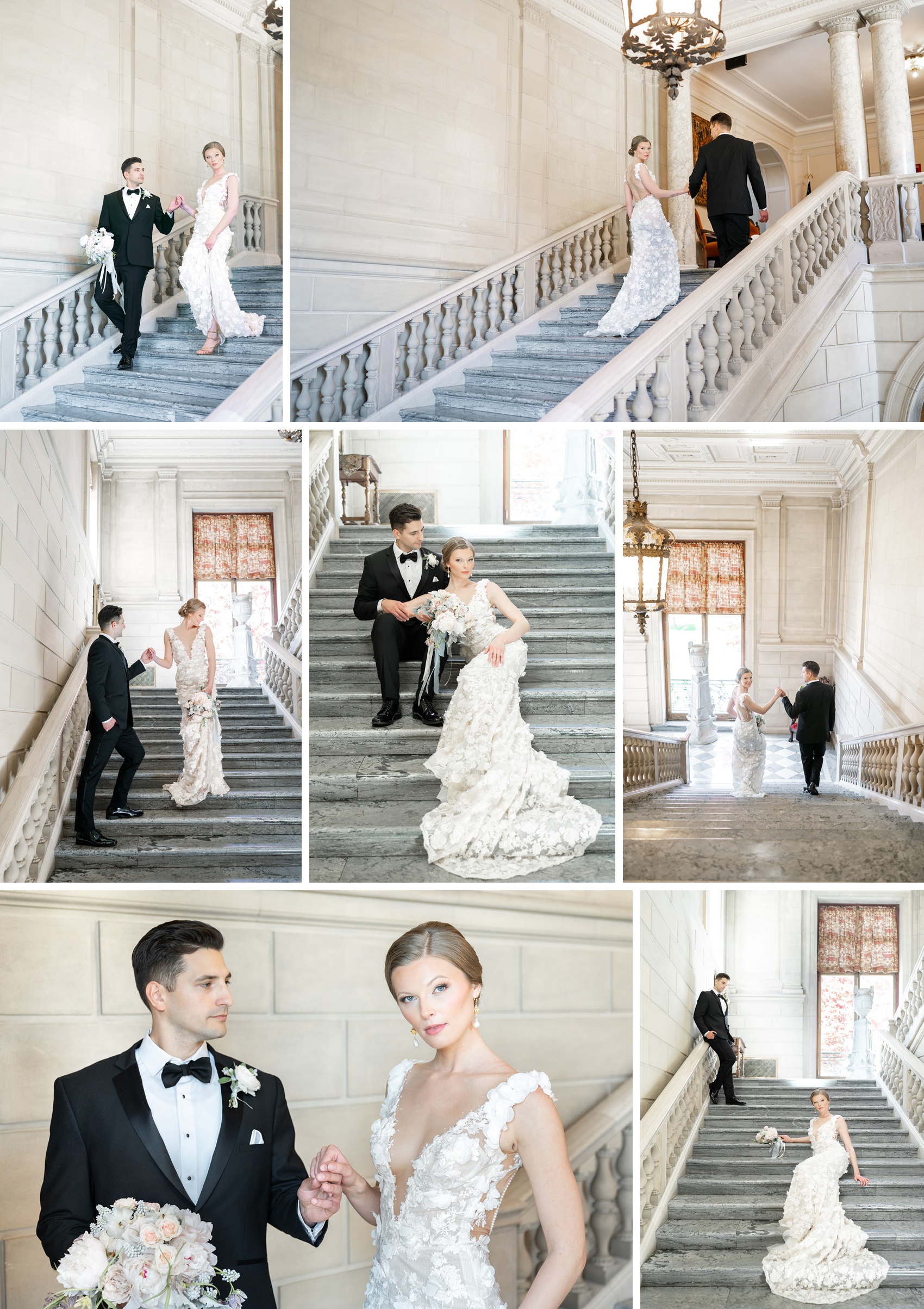 Newlyweds walk up and down the grand marble staircase of the aldrich mansion wedding venue holding hands