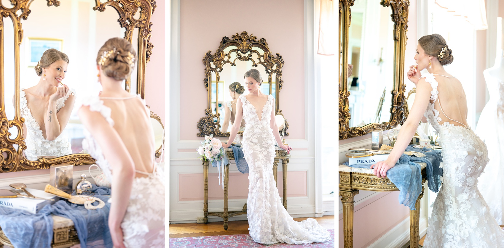 a bride in a lace dress smiles while putting on lipstick in a large antique mirror before her aldrich mansion wedding