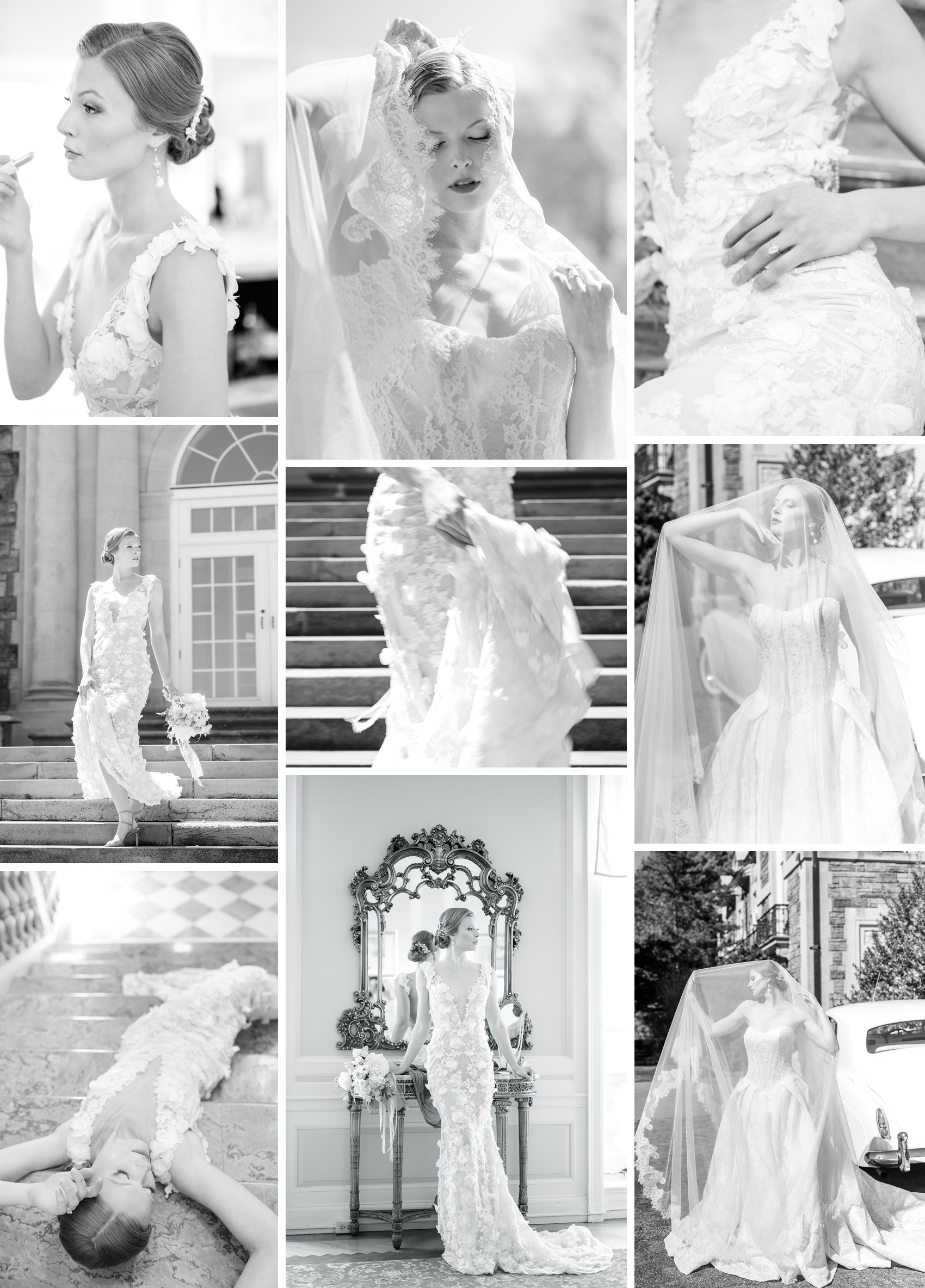 a collage of black and white images of a bride in a lace dress walking around her venue and laying on the marble steps