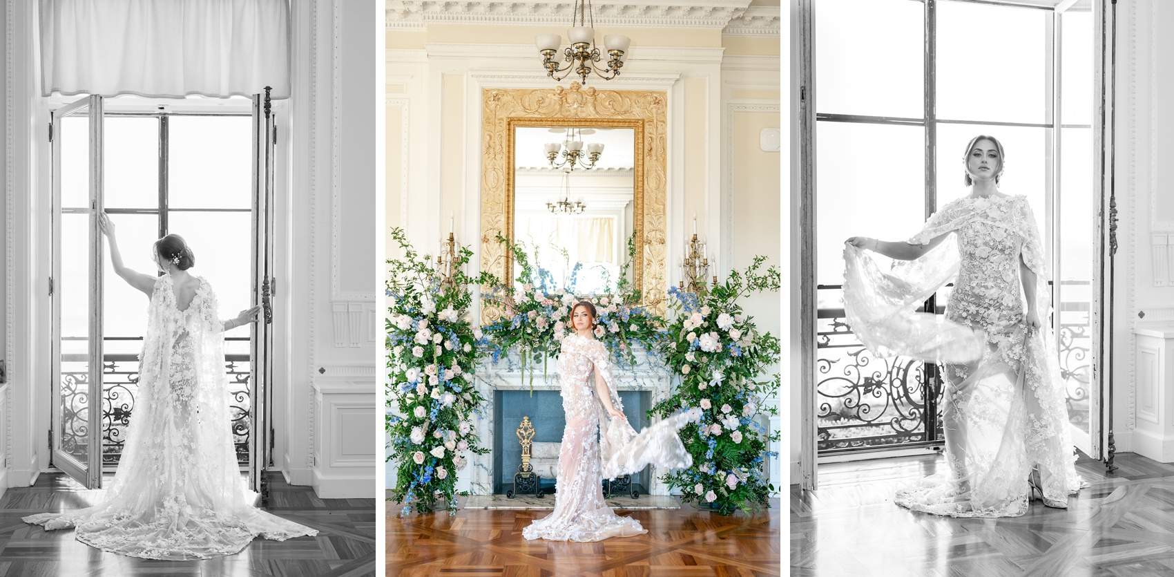 A bride shows off her lace gown in black and white while standing under a large mirror over a fireplace framed in flowers and in tall balcony windows at the aldrich mansion wedding venue