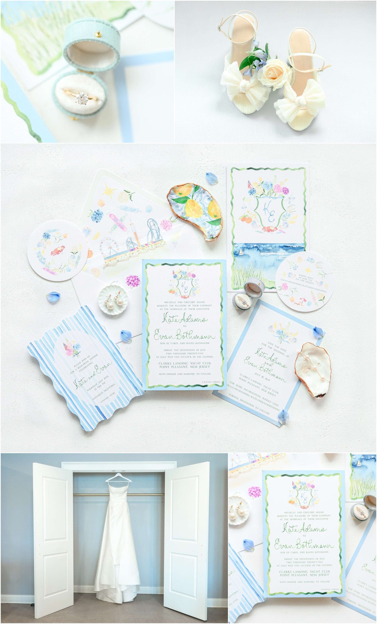 Bridal details of the hanging dress and jewelry with invitations and shoes