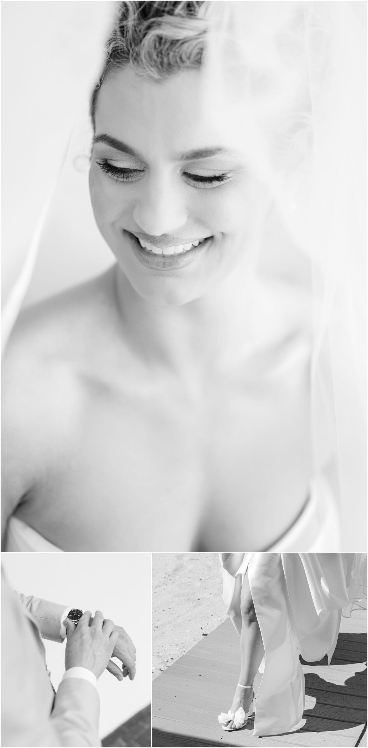 A bride smiles in black and white above details of the groom's watch and her walking a dock during their Clarks Landing Yacht Club wedding