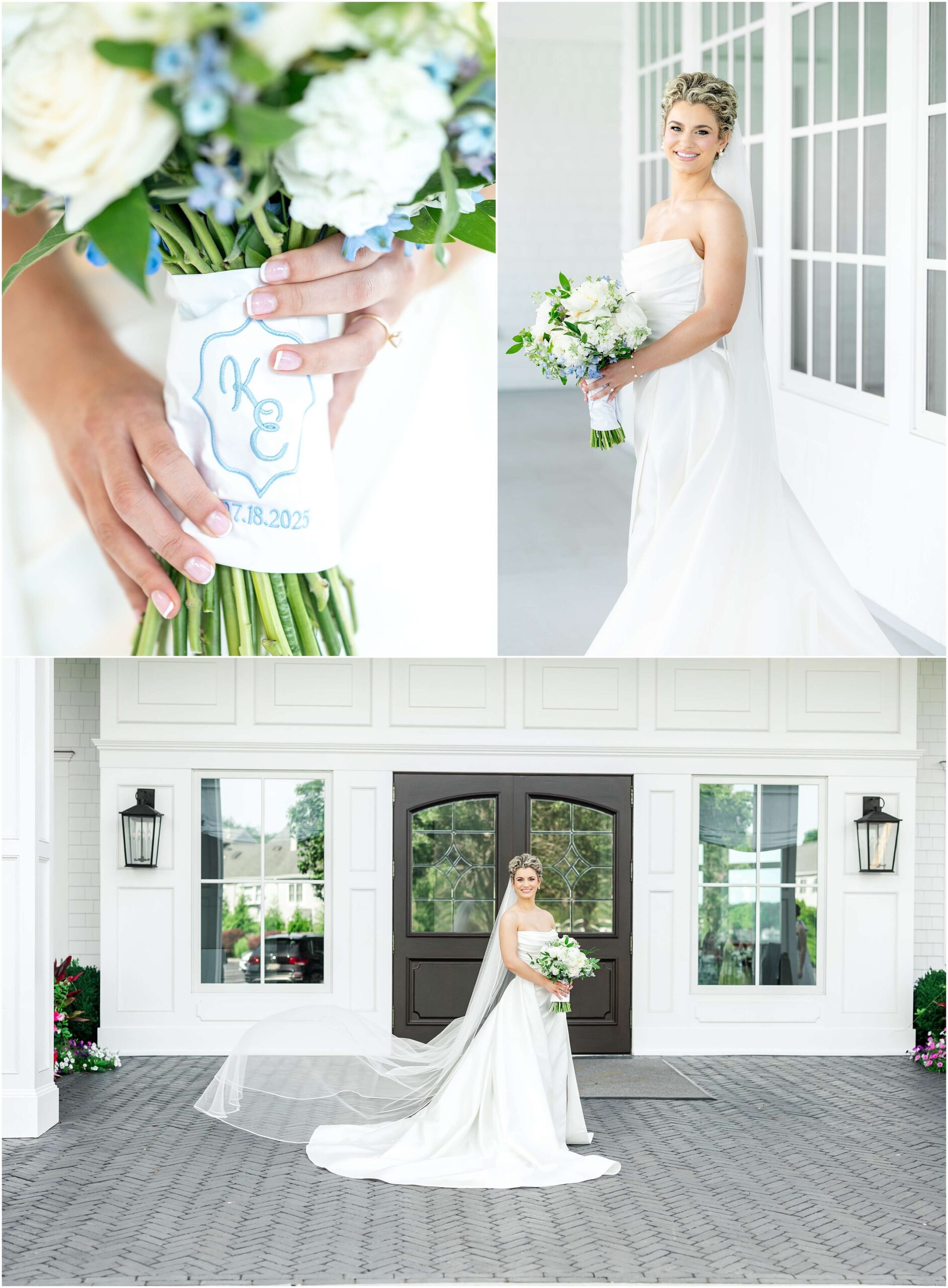 A bride stands smiling with her white rose bouquet on a patio and in front of the main entrance doors