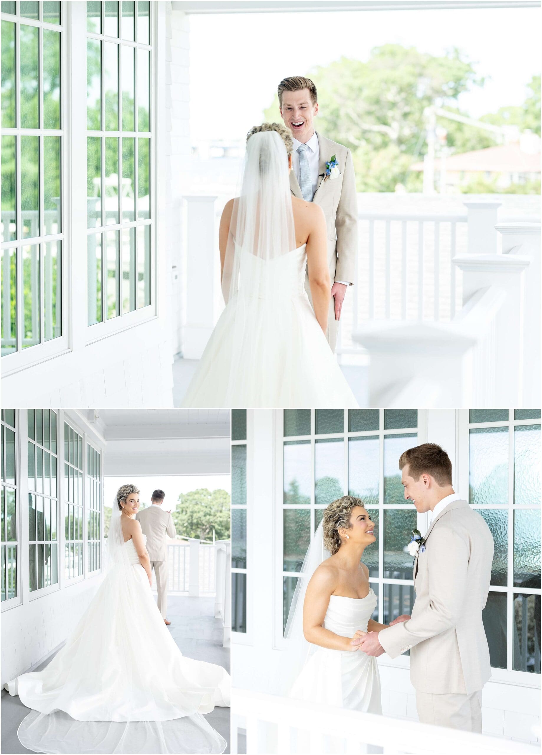 Newlyweds laugh and smile big during their Clarks Landing Yacht Club wedding first look on a porch