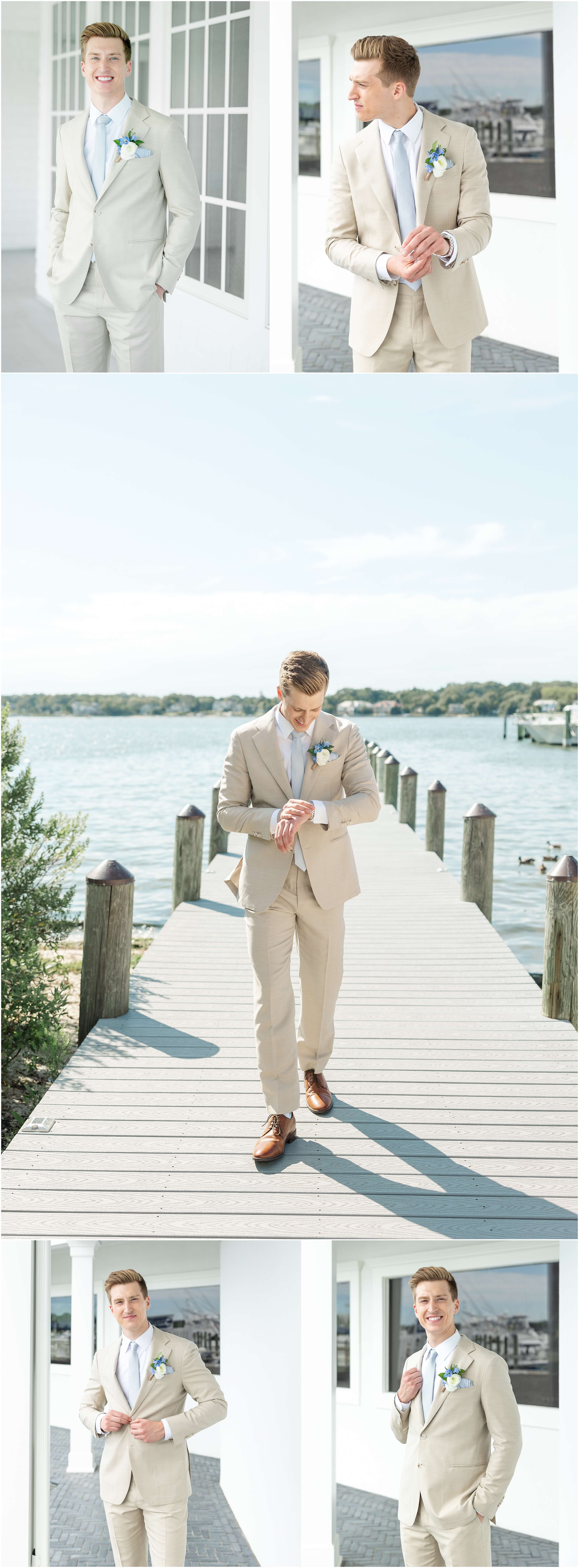 A groom checks his watch while walking on a dock and gets ready on a patio in his tan suit