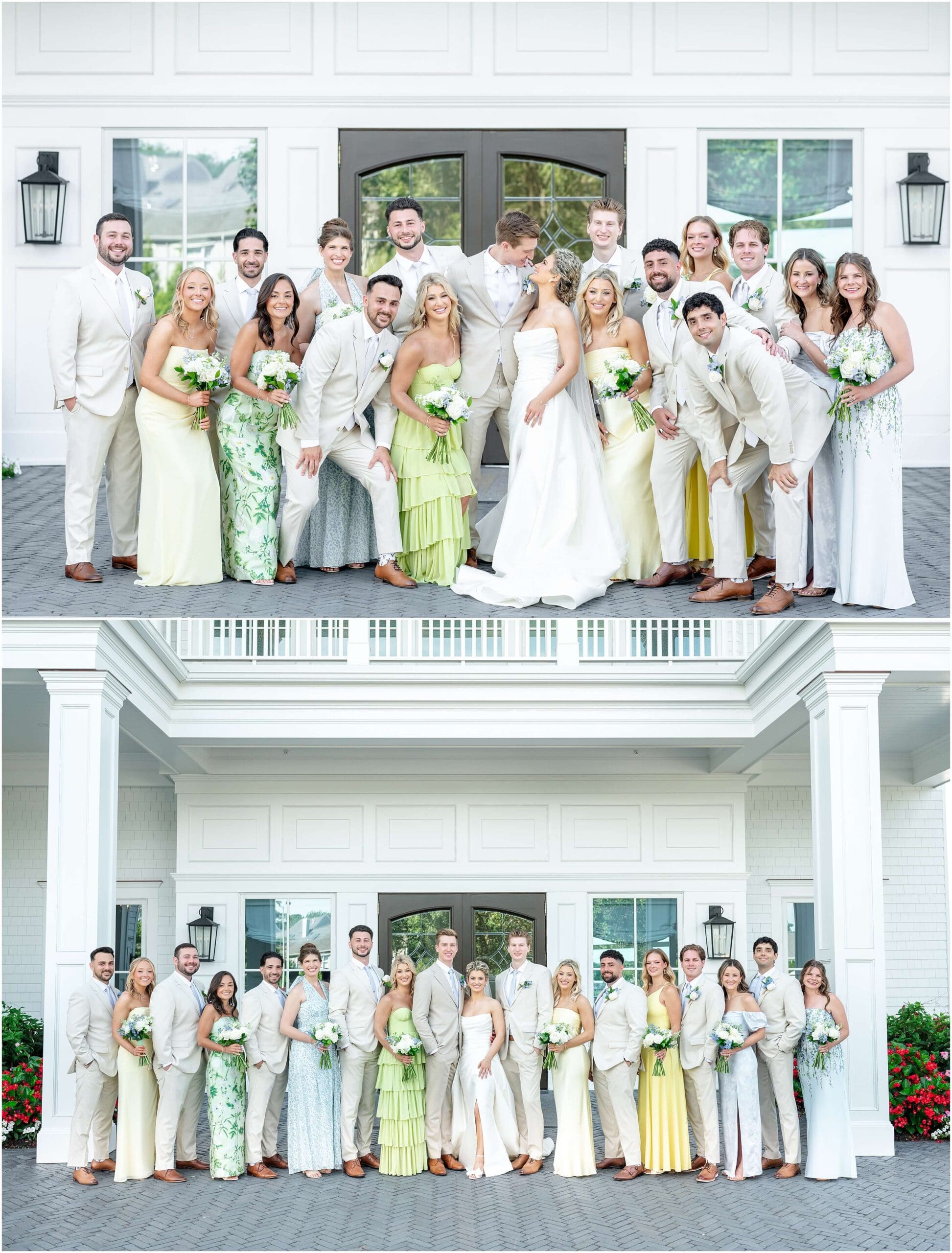 Newlyweds smile at each other above them smiling with their wedding party on the front porch