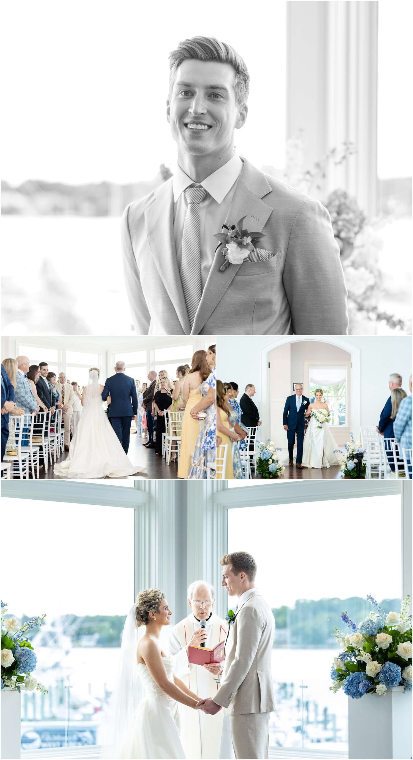 A groom smiles while waiting for his bride to walk up the aisle with dad for them to hold hands in front of the officiant