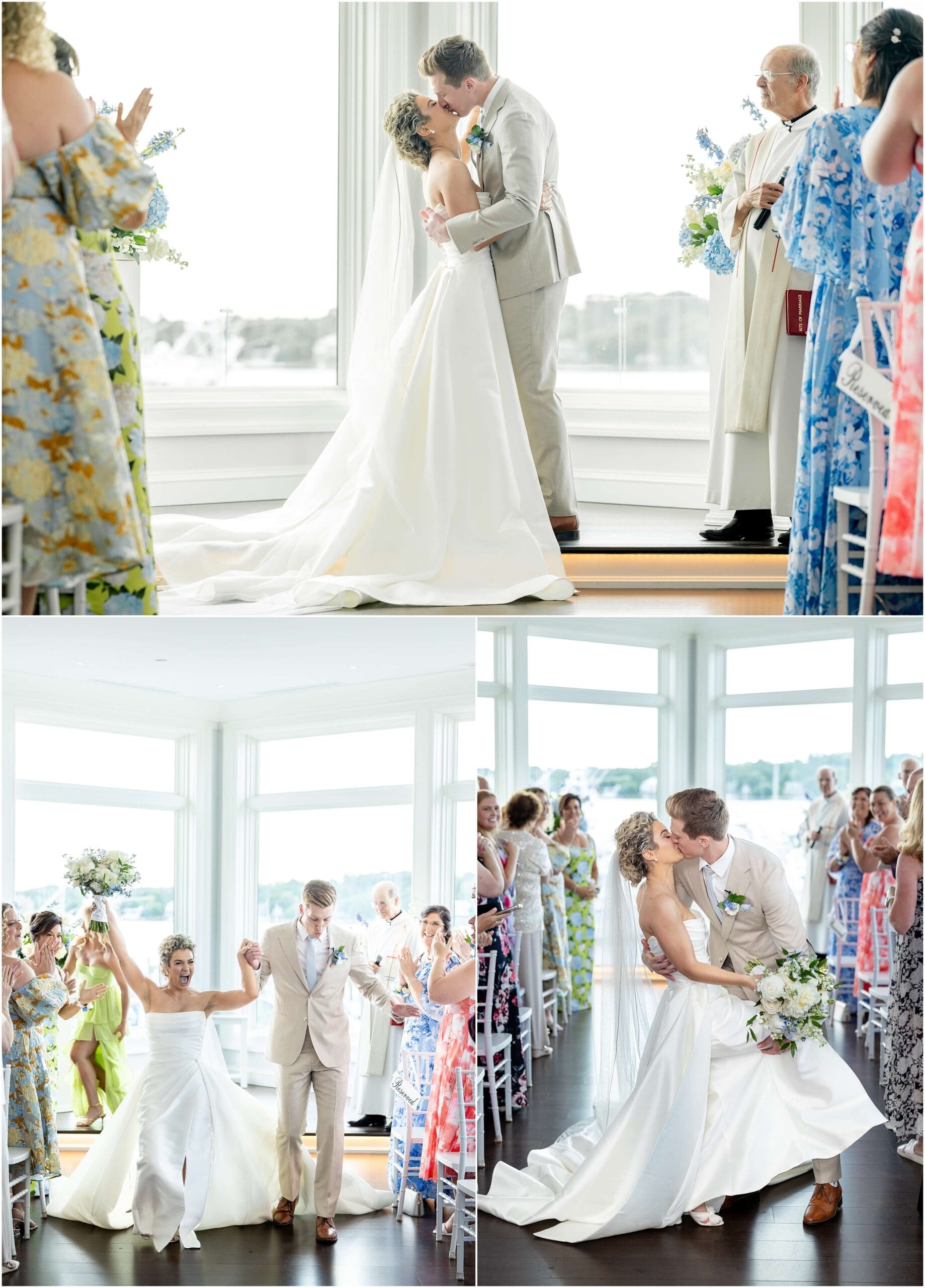 Newlyweds kiss to end their Clarks Landing Yacht Club wedding ceremony and cheer while walking up the aisle