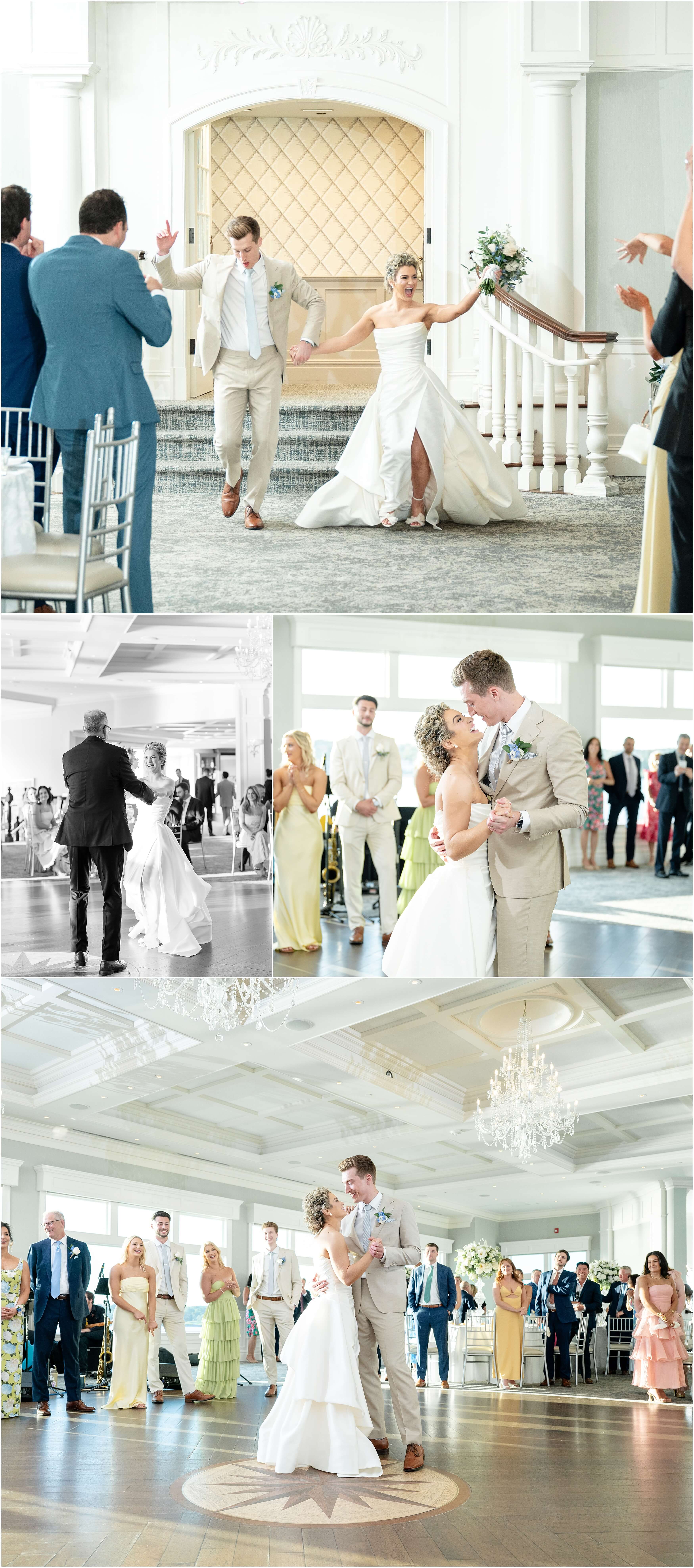 bride and groom enter their reception and share a first dance on the dance floor as guests watch