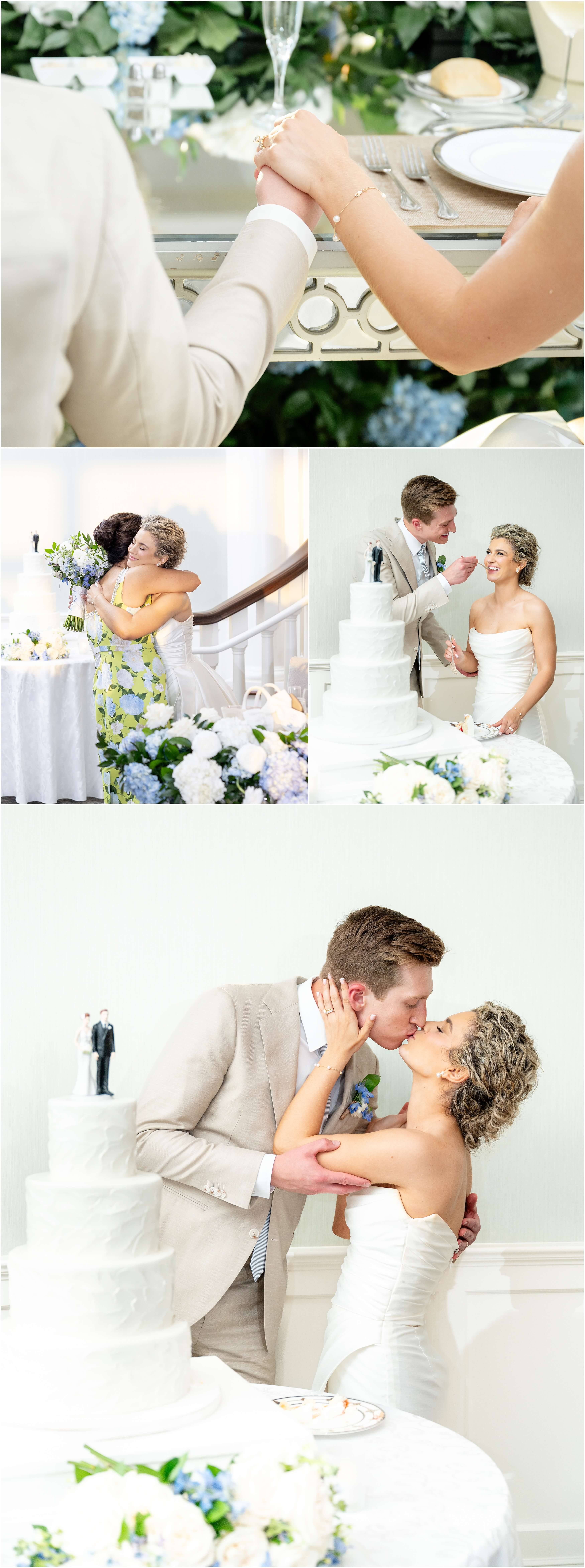 A bride and groom in a tan suit kiss, hold hands, and cut the cake during their Clarks Landing Yacht Club wedding reception