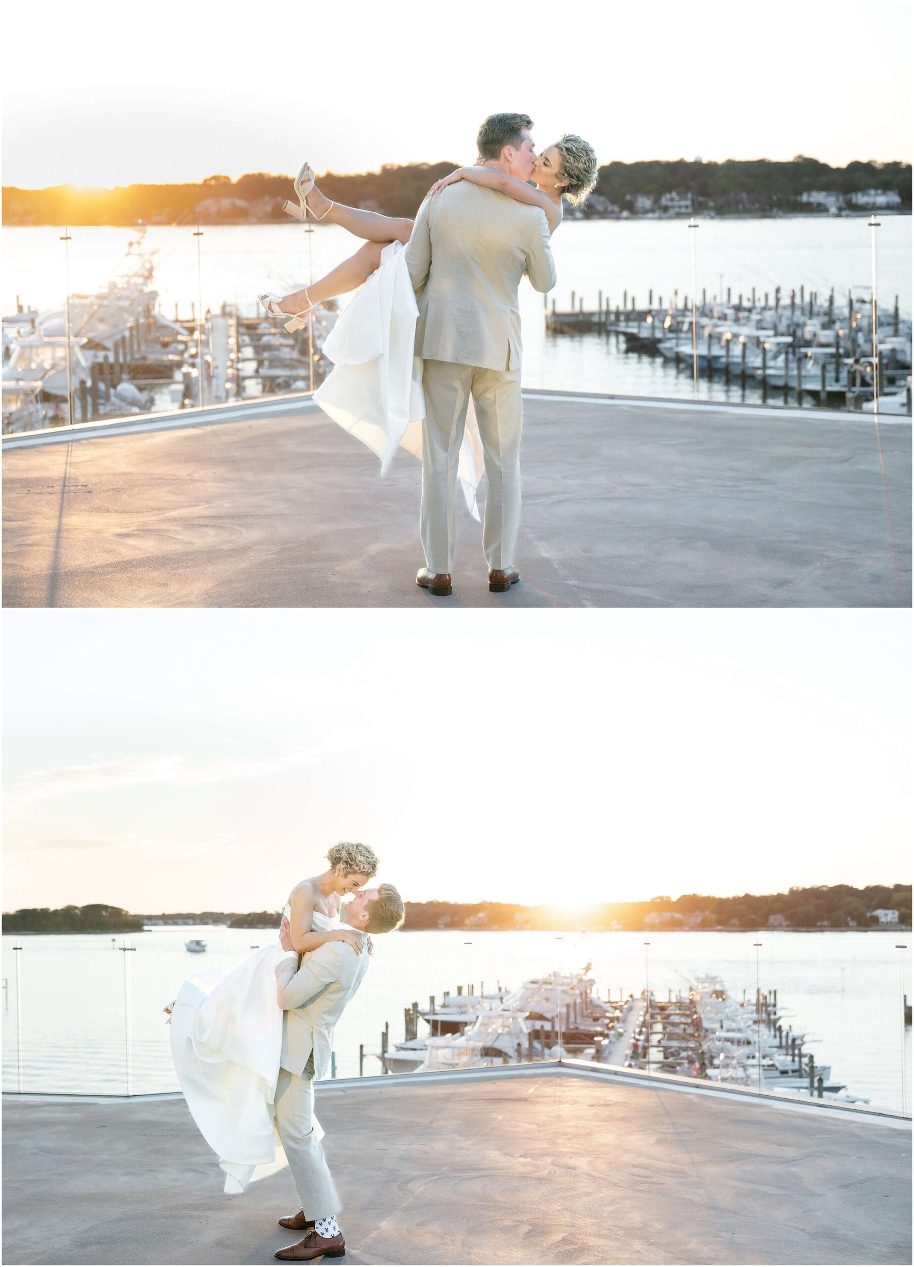A groom lifts and kisses his bride on a patio overlooking the water at sunset during their Clarks Landing Yacht Club wedding
