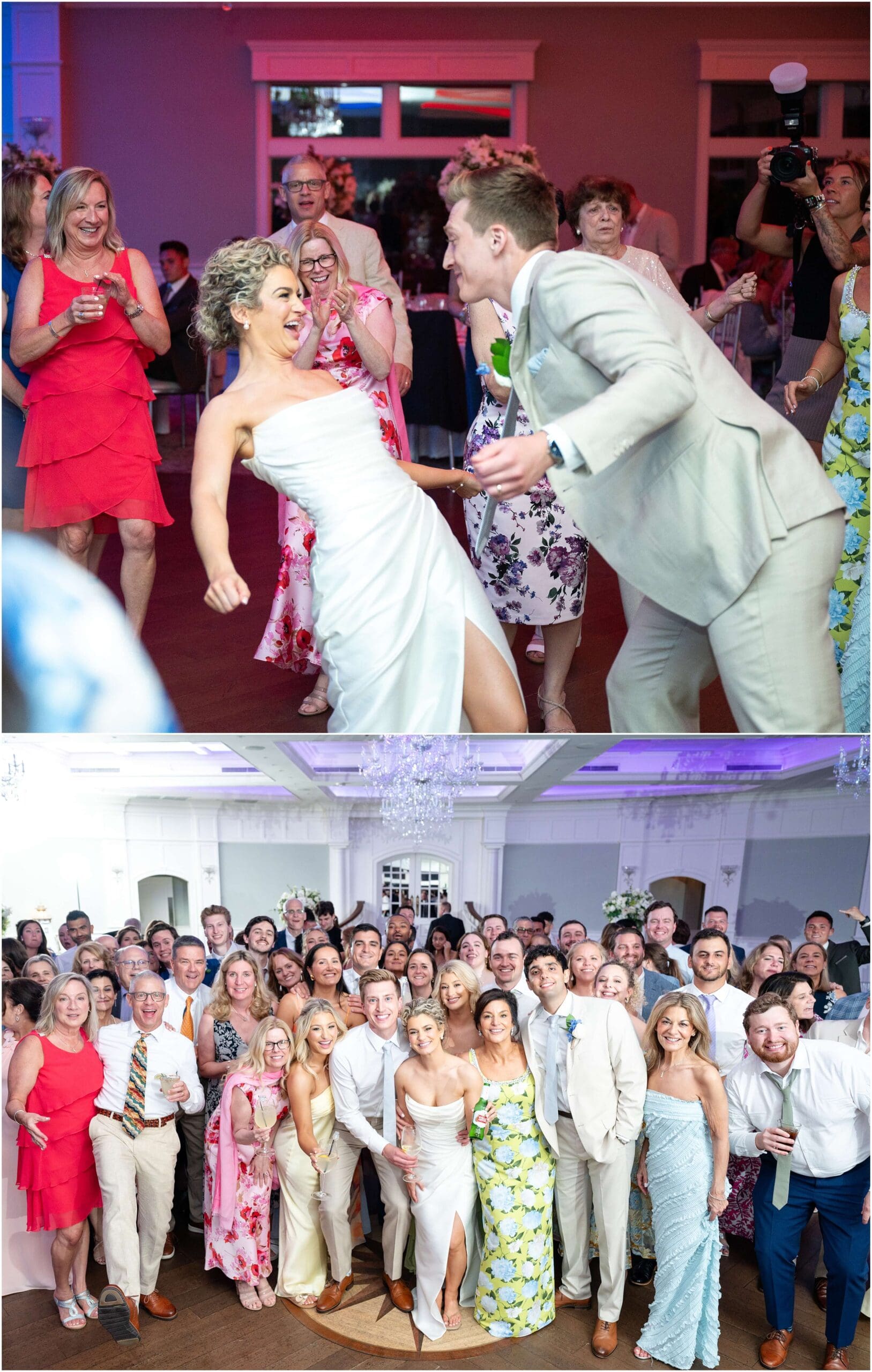 Newlyweds dance on a wild dance floor above them standing and smiling with their entire wedding during their Clarks Landing Yacht Club wedding reception
