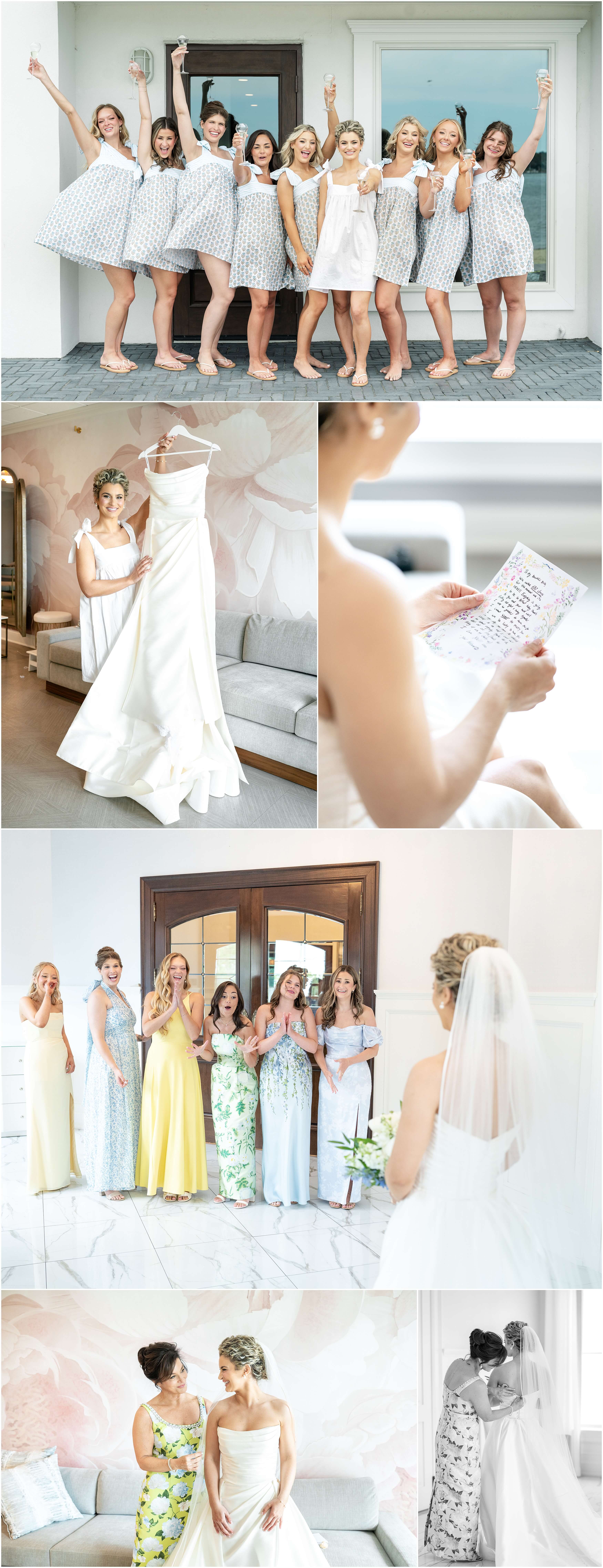 A bride celebrates with her bridesmaids in pajamas next to her getting ready, reading a note and showing off the gown