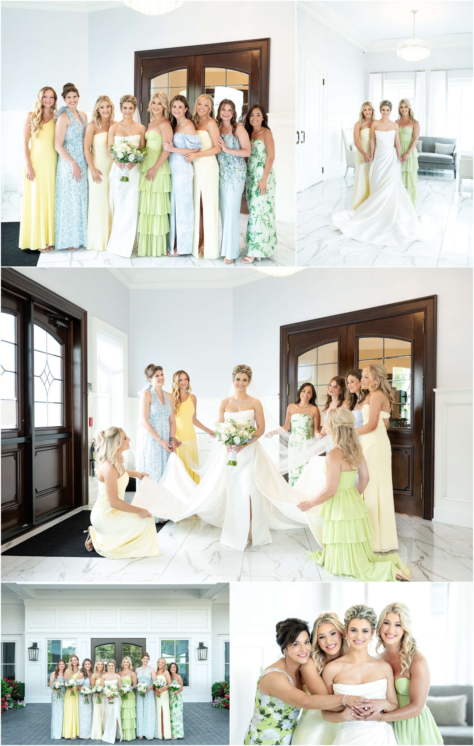A bride stands and walks with her smiling bridesmaids in soft colors while getting ready for her Clarks Landing Yacht Club wedding