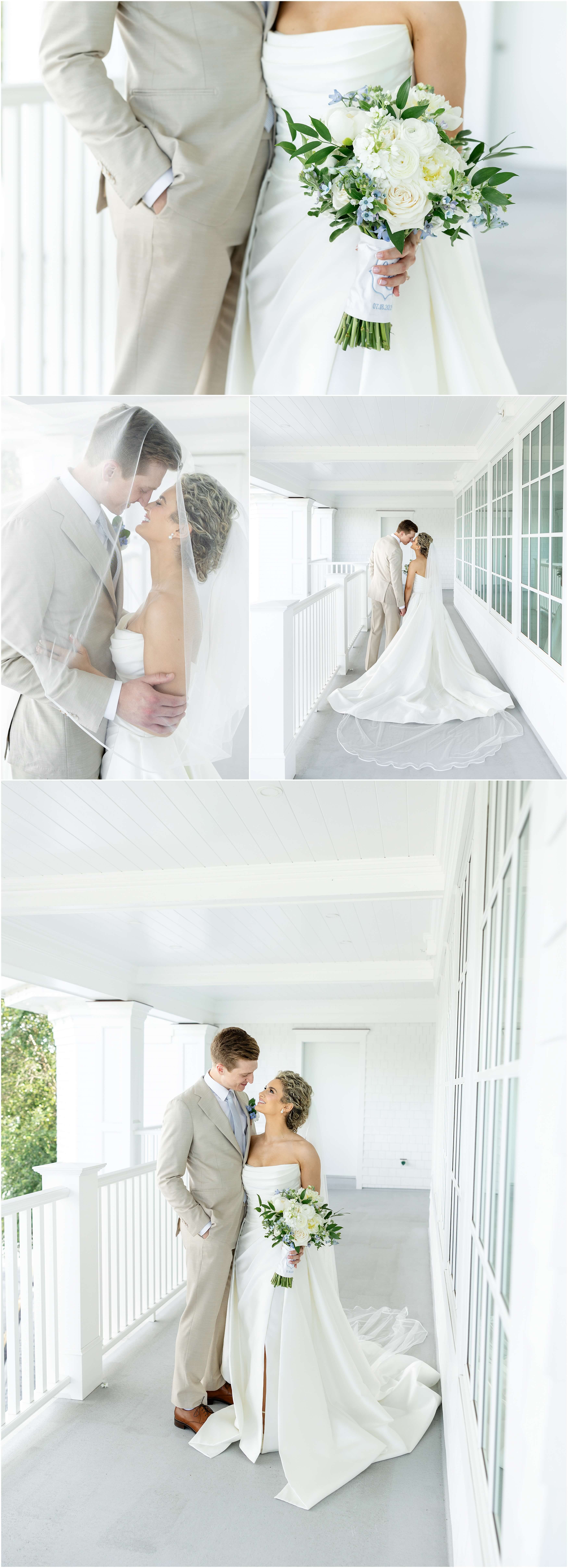 A bride and groom snuggle and smile at each other while standing on a porch of the Clarks Landing Yacht Club wedding venue