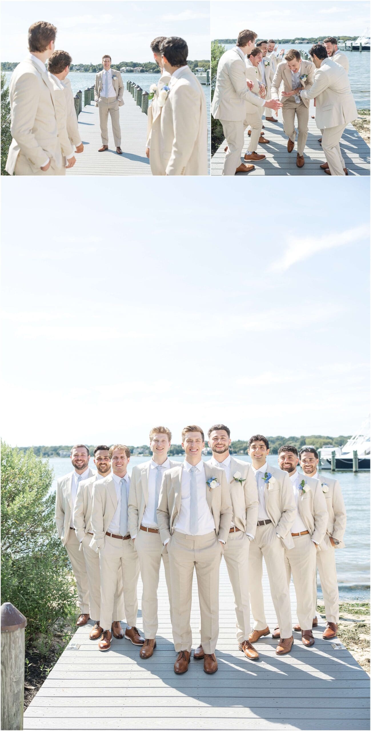 A groom in a tan suit stands on a dock with his groomsmen below two images of him running through the middle of them during his Clarks Landing Yacht Club wedding getting low fives