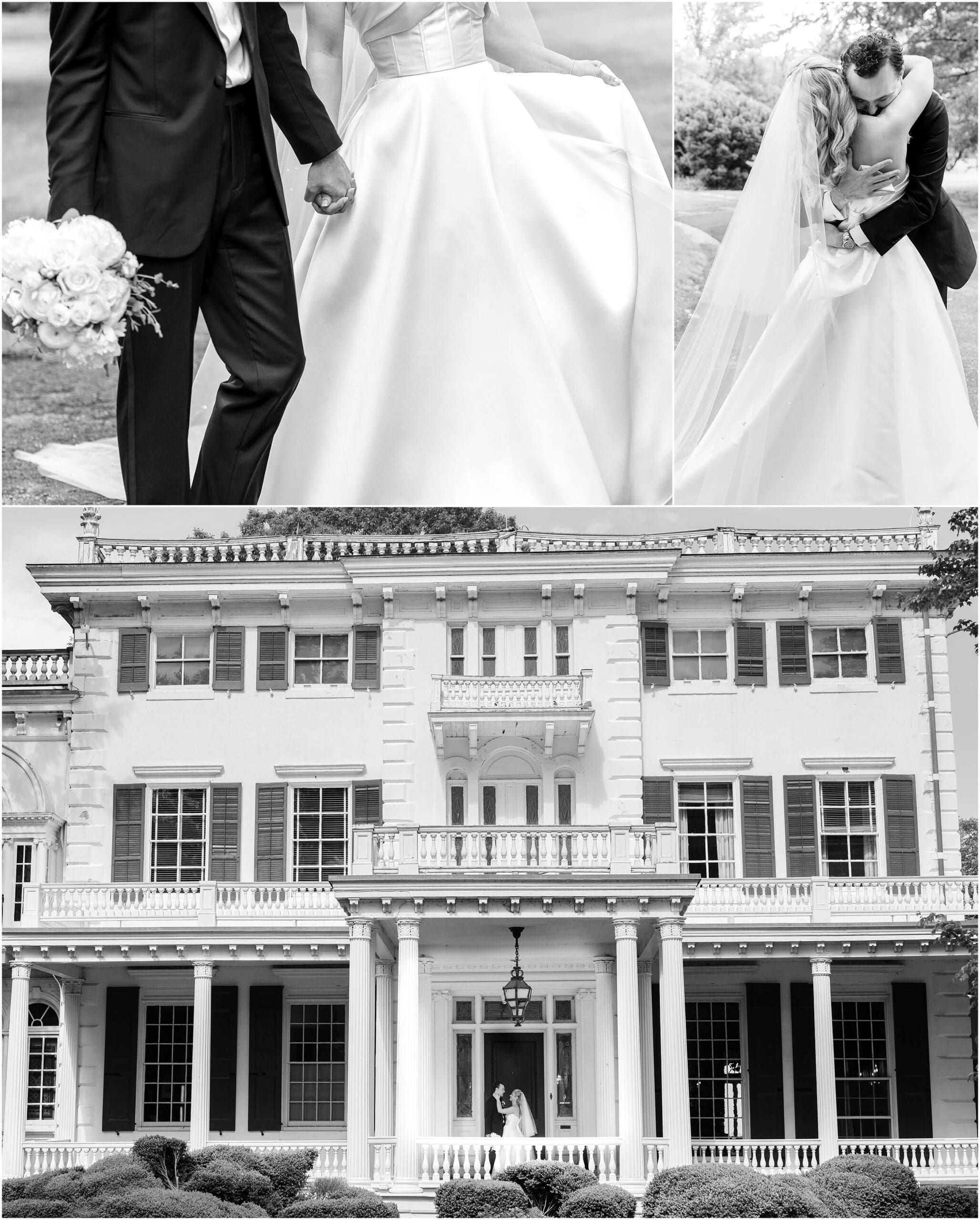 Black and white images from a Glen Foerd wedding of the newlyweds embracing and holding hands in the lawn and hugging on the front porch
