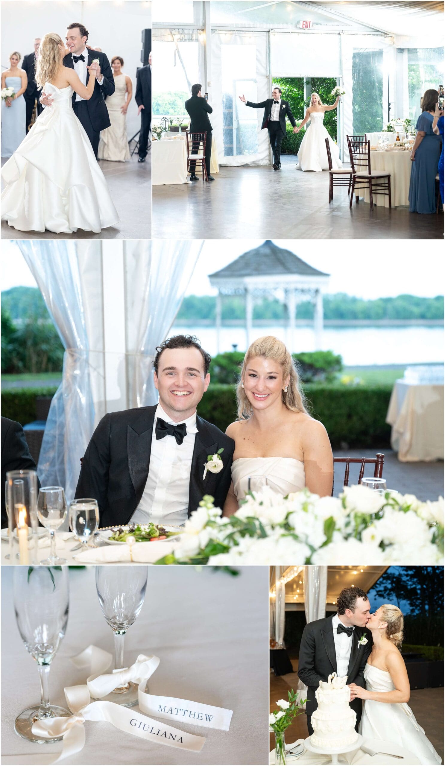 Happy newlyweds enter their tented reception, dance and sit at their head table before cutting the cake