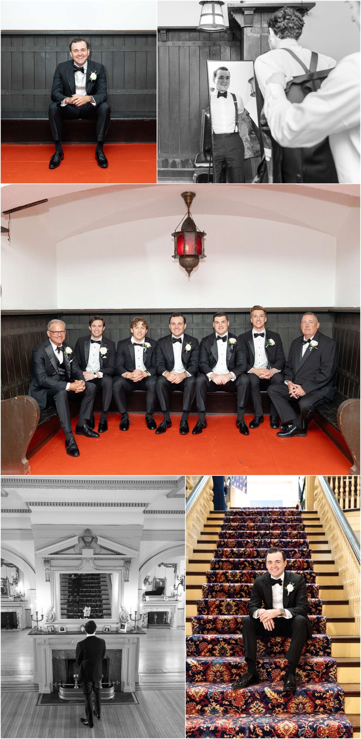 A groom sits in his black tux with his matching groomsmen and on the grand staircase in a collection of images from his wedding