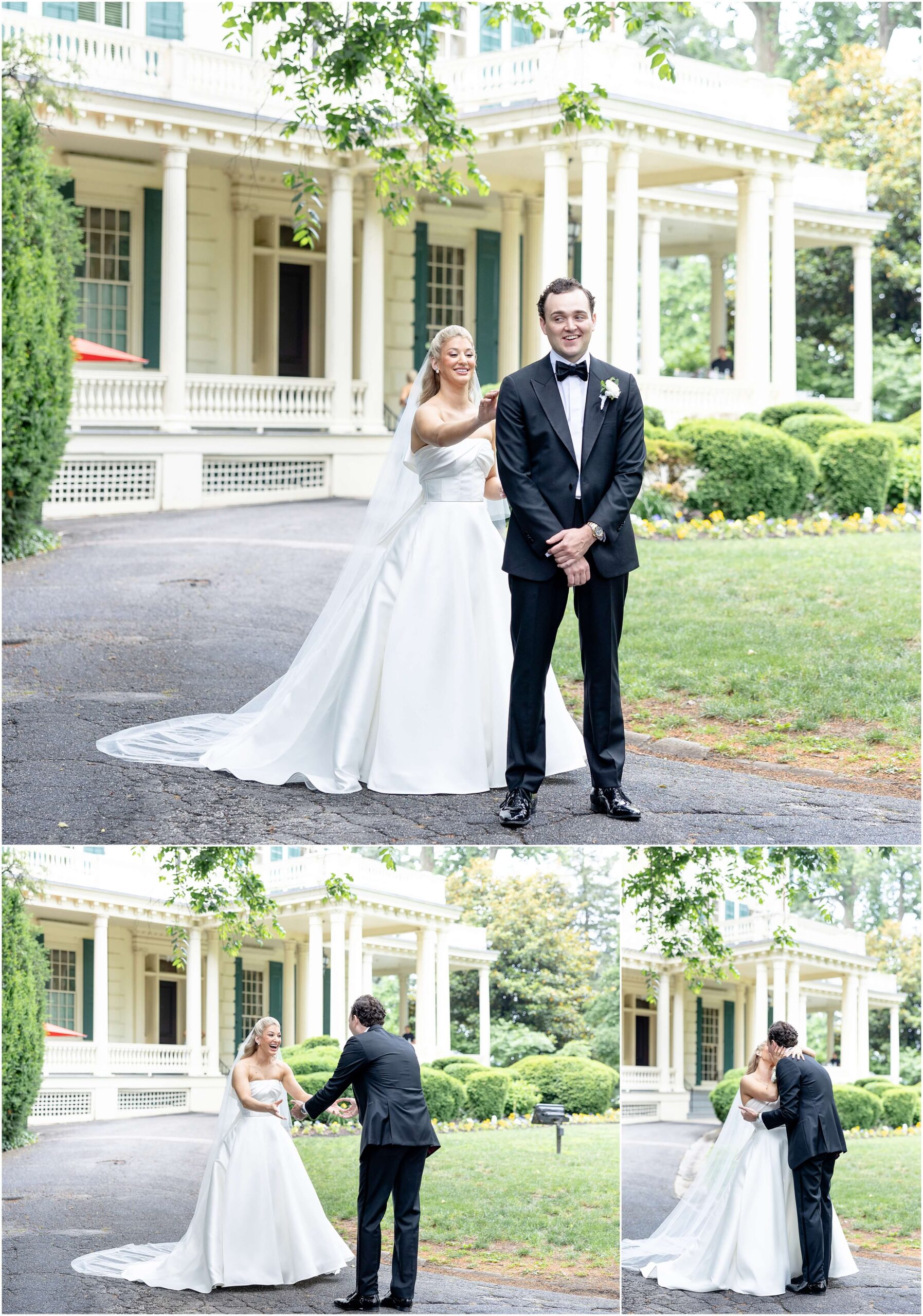 A groom anxiously awaits his bride to tap his shoulder for their happy first look and kiss in the Glen Foerd wedding venue grounds