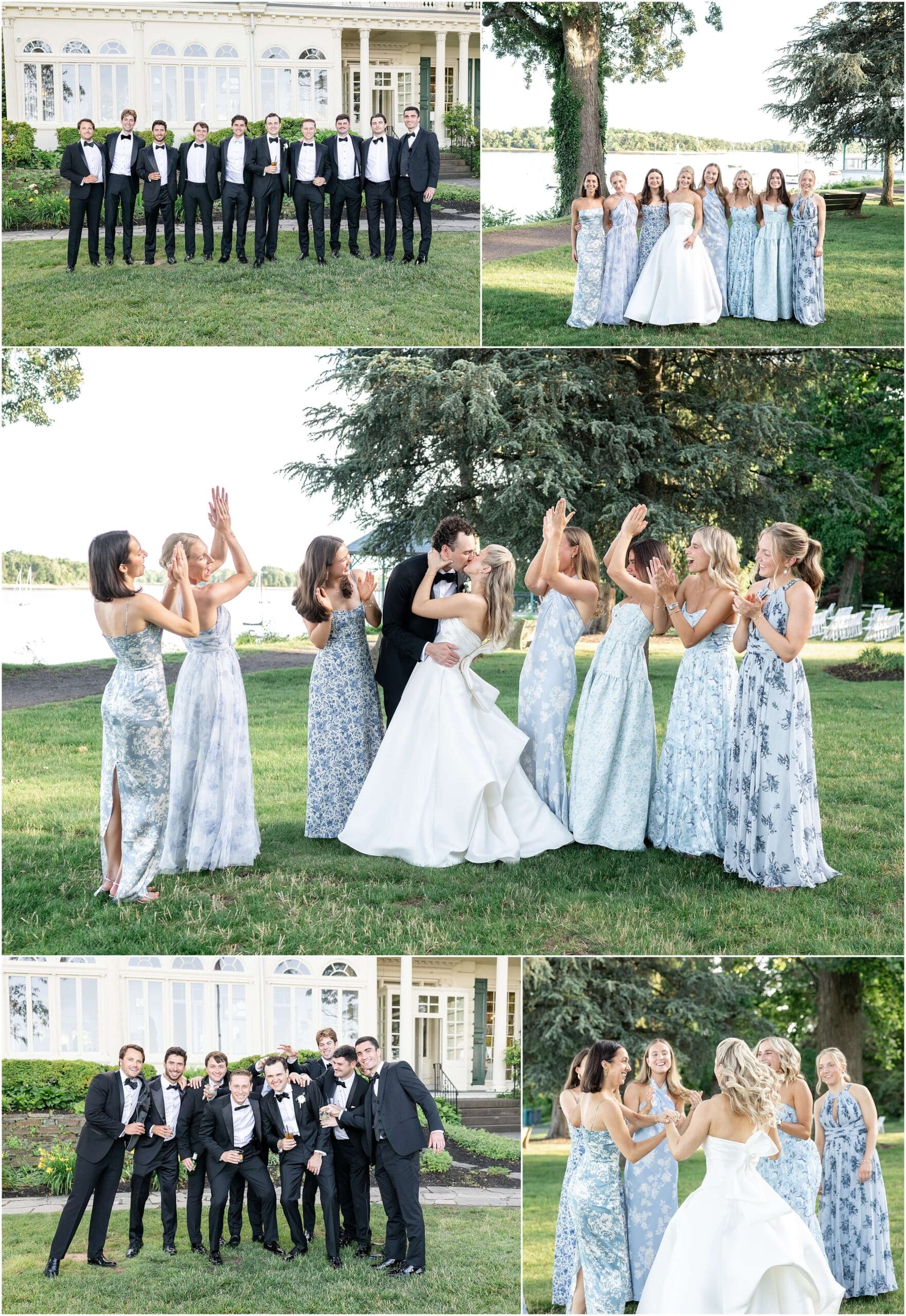 Newlyweds kiss and celebrate their Glen Foerd wedding with their wedding party in black and blue