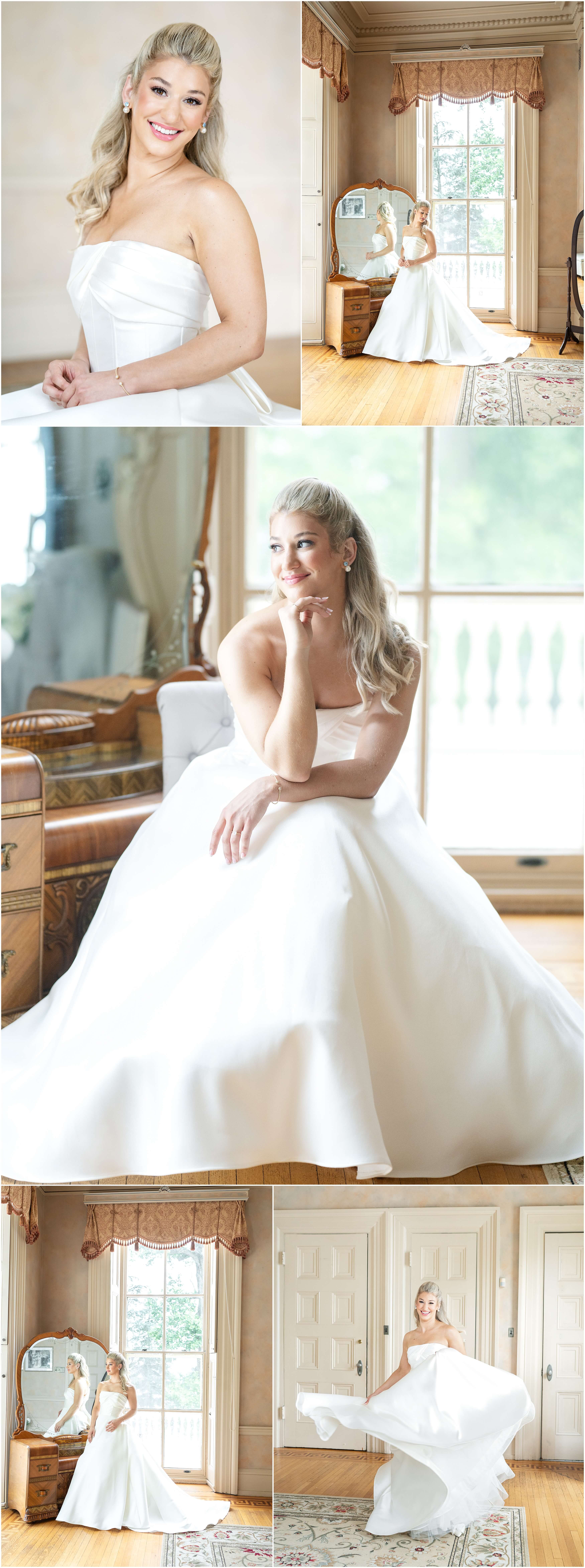 A ride gets ready for her Glen Foerd wedding while sitting in a mirror in her gown and twirling in the room
