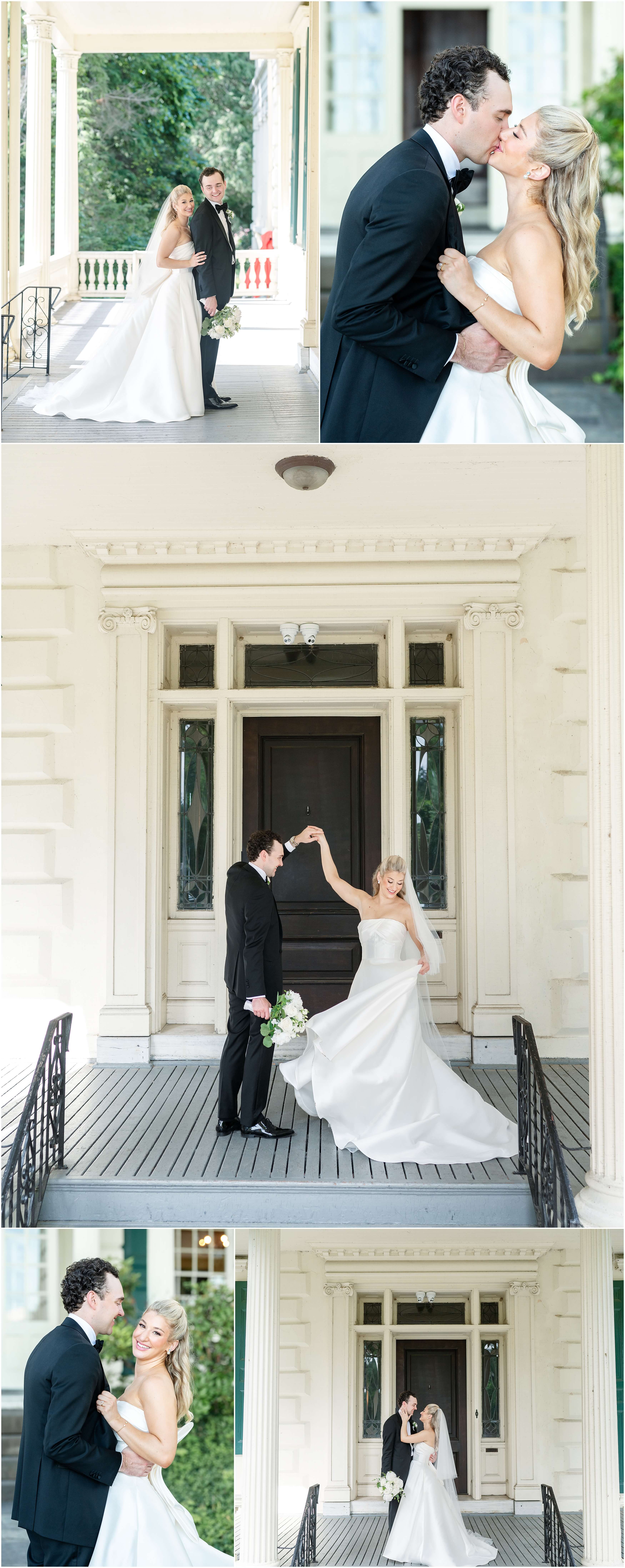 A bride and her groom in a black tuxedo twirl, dance and kiss on the front patio of the Glen Foerd wedding venue