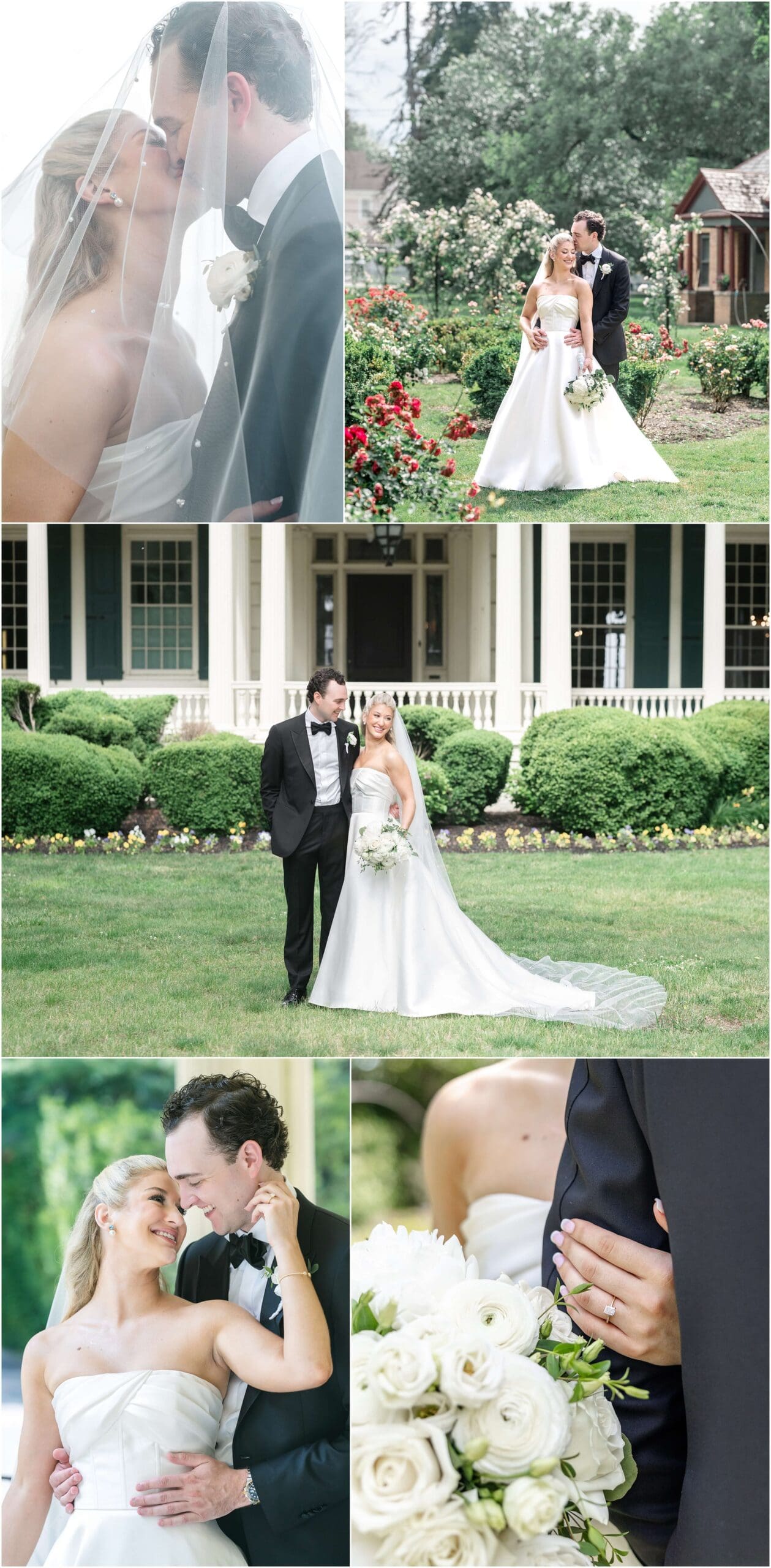 A collage of images form a Glen Foerd wedding of the newlyweds snuggling, leaning in for a kiss, kissing and holding each other in the gardens