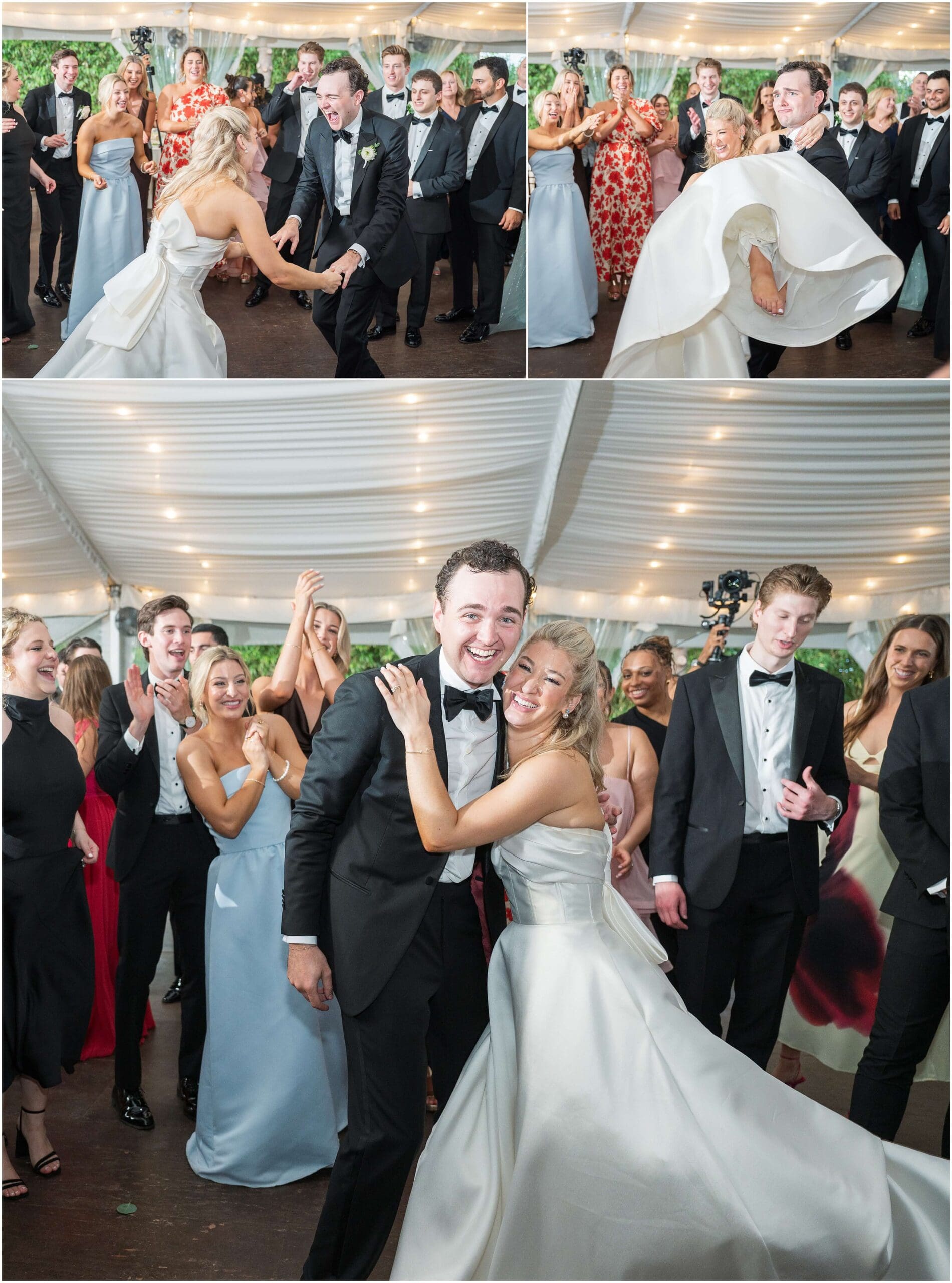 Newlyweds laugh and dance surrounded by happy guests under a tent with string lights