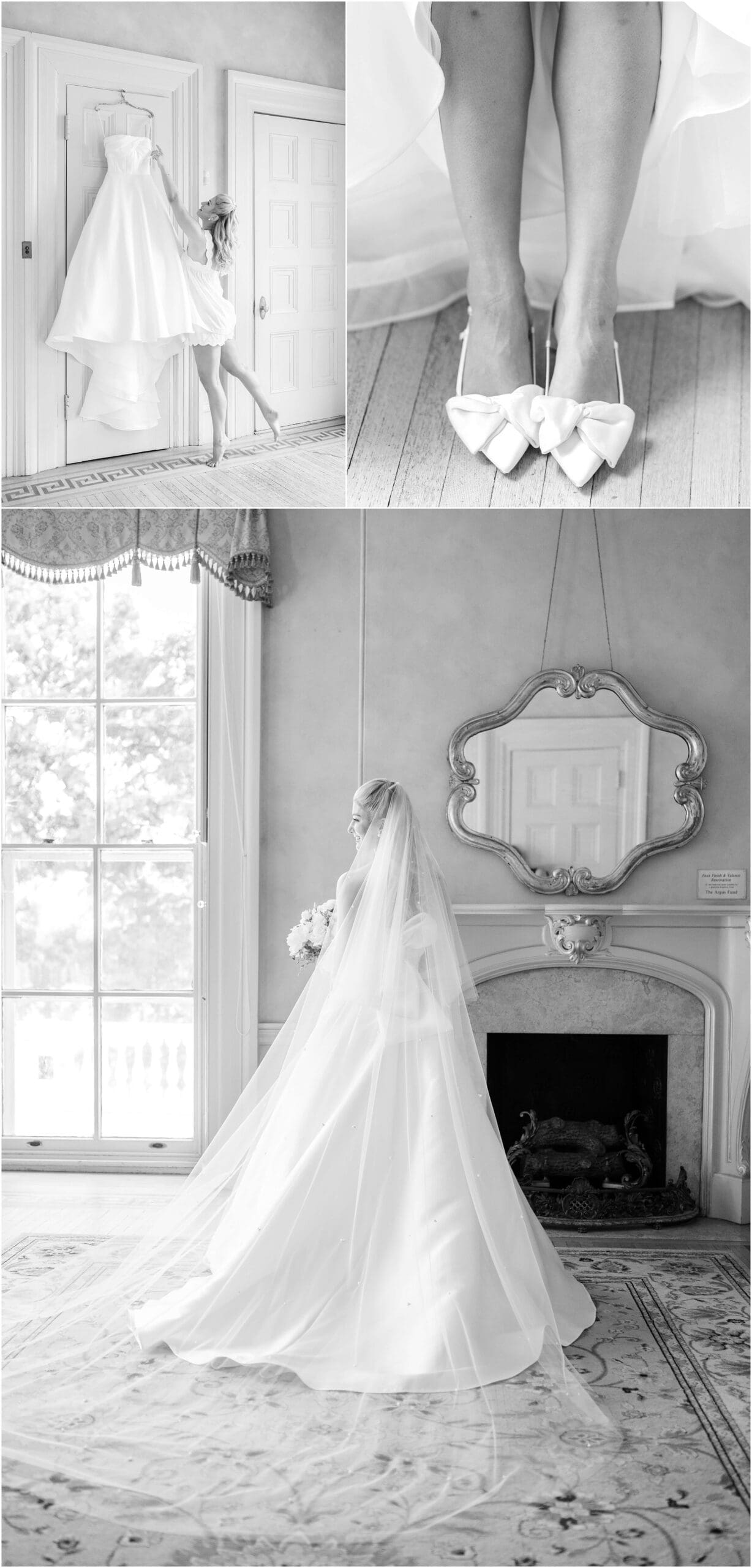 A bride admires her gown hanging on a door with details of her shoes and her in her gown in black and white at the Glen Foerd wedding