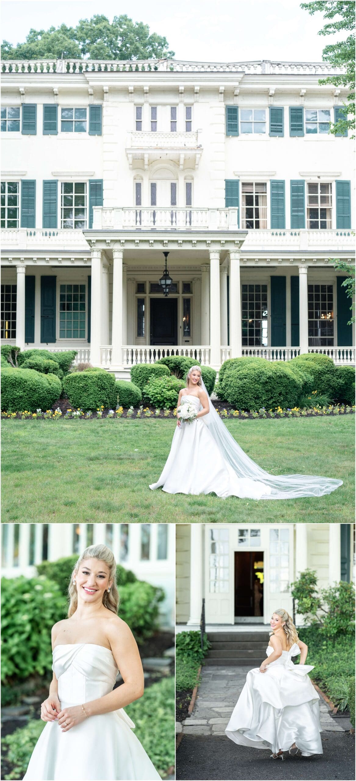 A bride smiles while standing in the front lawn of the Glen Foerd wedding venue in a collage with her walking up the walkway to the door smiling over her shoulder