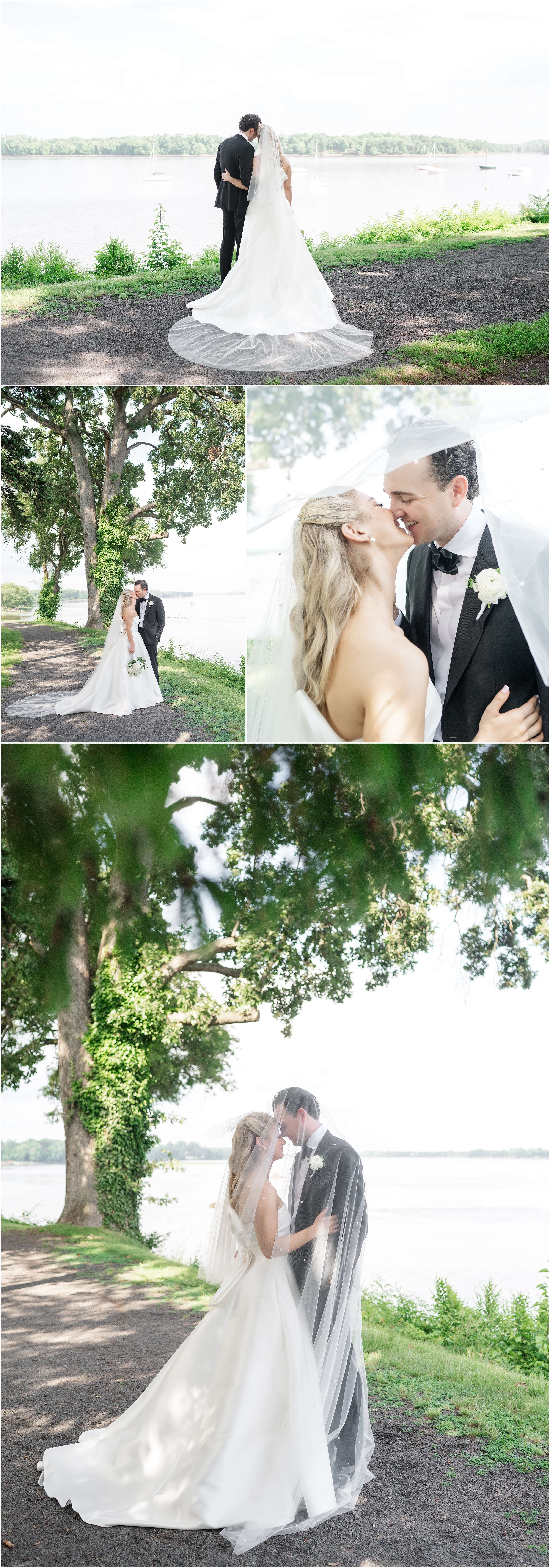 A collage of images of newlyweds kissing under the veil by the water