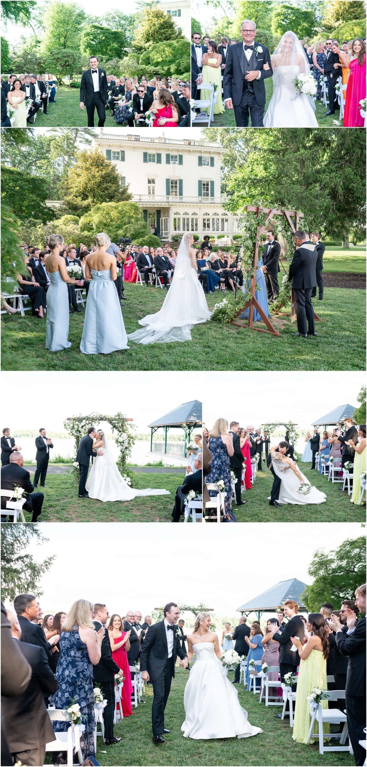 A collection of images of a bride and groom during their Glen Foerd wedding ceremony smiling, kissing, and holdinghands